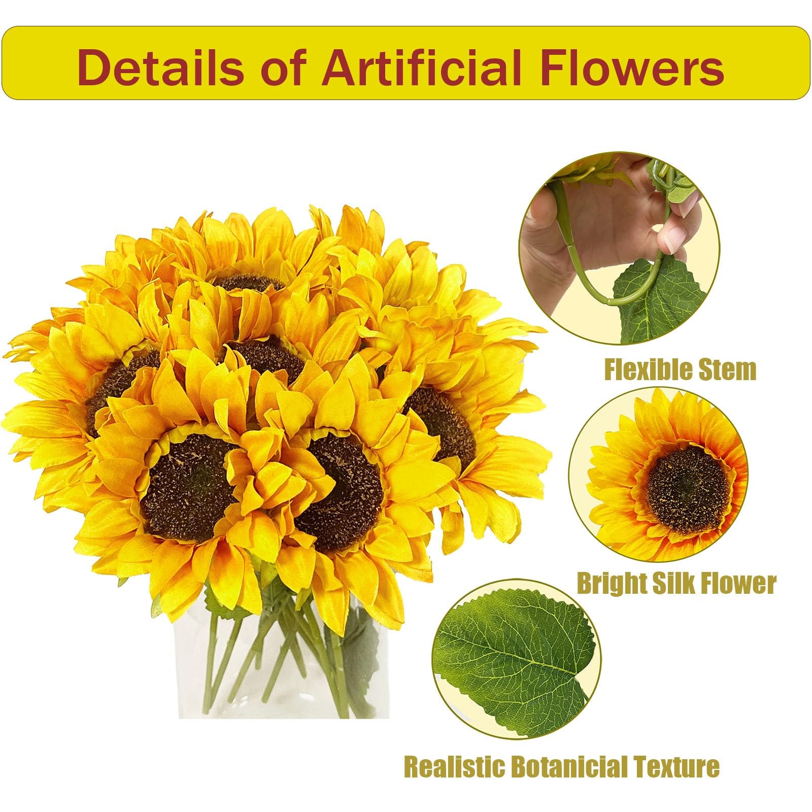 10PCS Sunflowers Artificial Flowers, Fake Silk Sunflower with Long Stem, Arti…