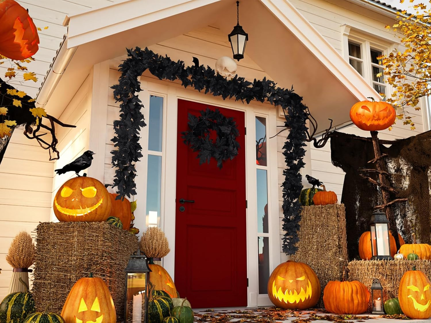 2Pcs 5.7Ft Artificial Fall Maple Leaves Vines Black Autumn Garland | Reusable Si