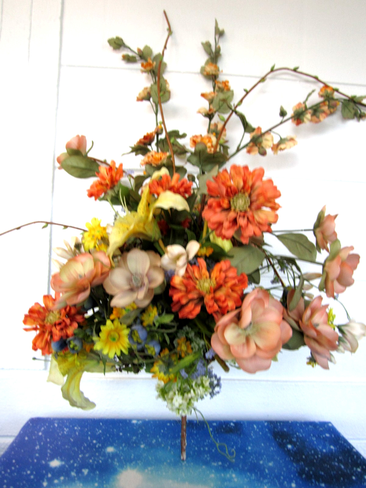 Beautiful Large Vtg Floral Arrangement Bouquet Orange Yellow Artificial Flowers