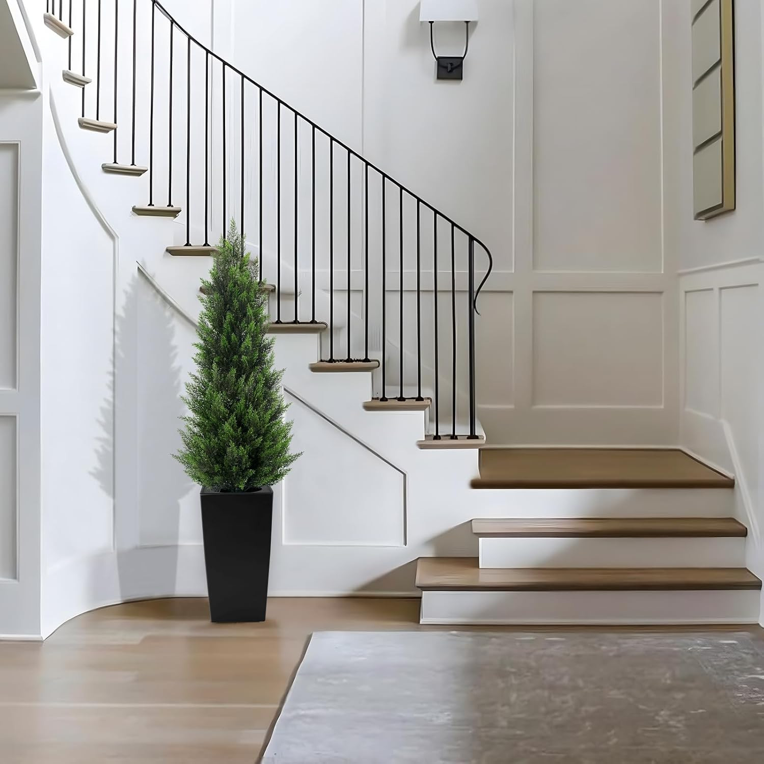 5FT Tall 2 Pack Artificial Cedar Topiary Trees with Compact Pyramidal Shape, Rea