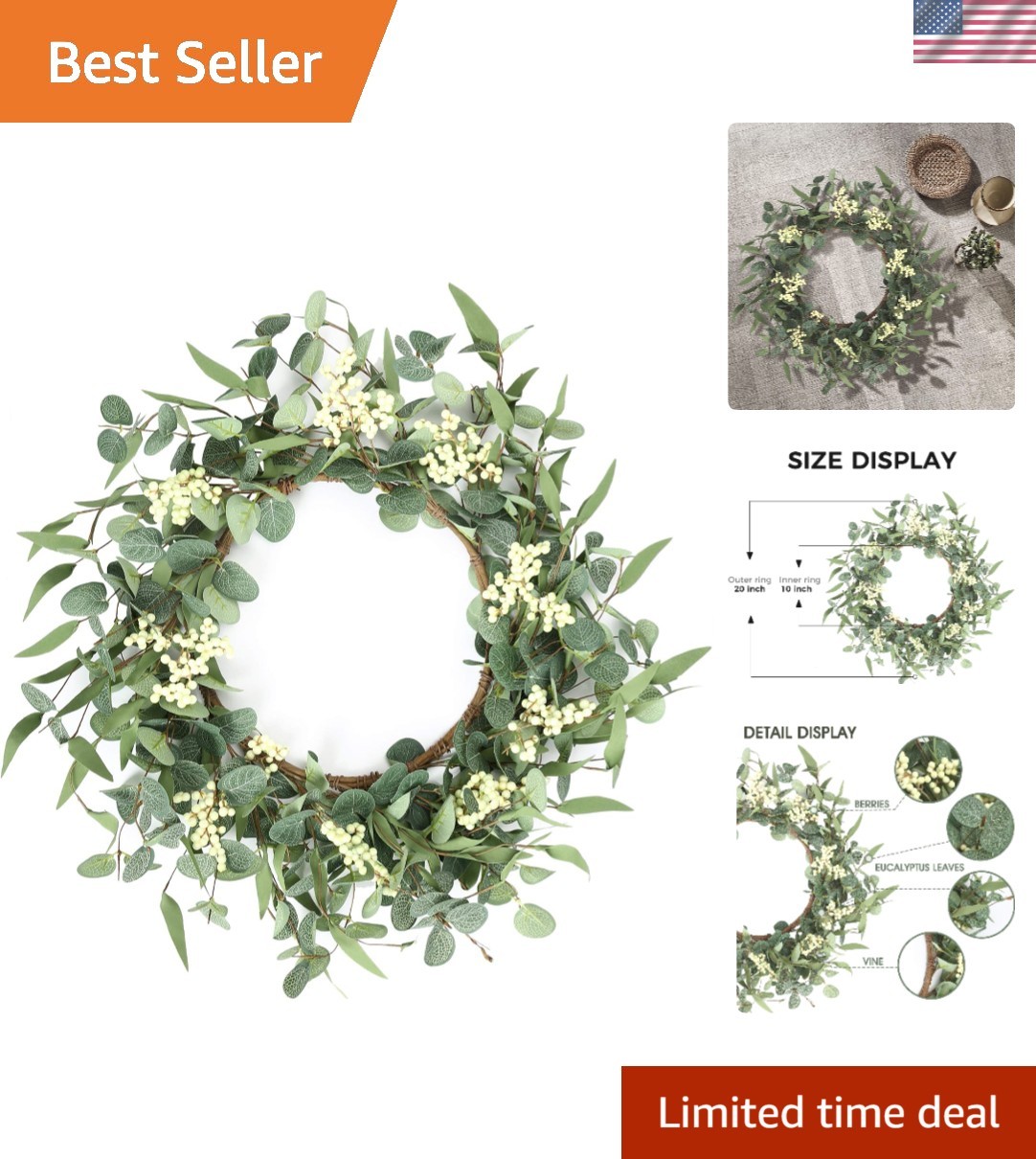 Handmade 20” Eucalyptus Wreath with White Accents – Perfect for Entryways