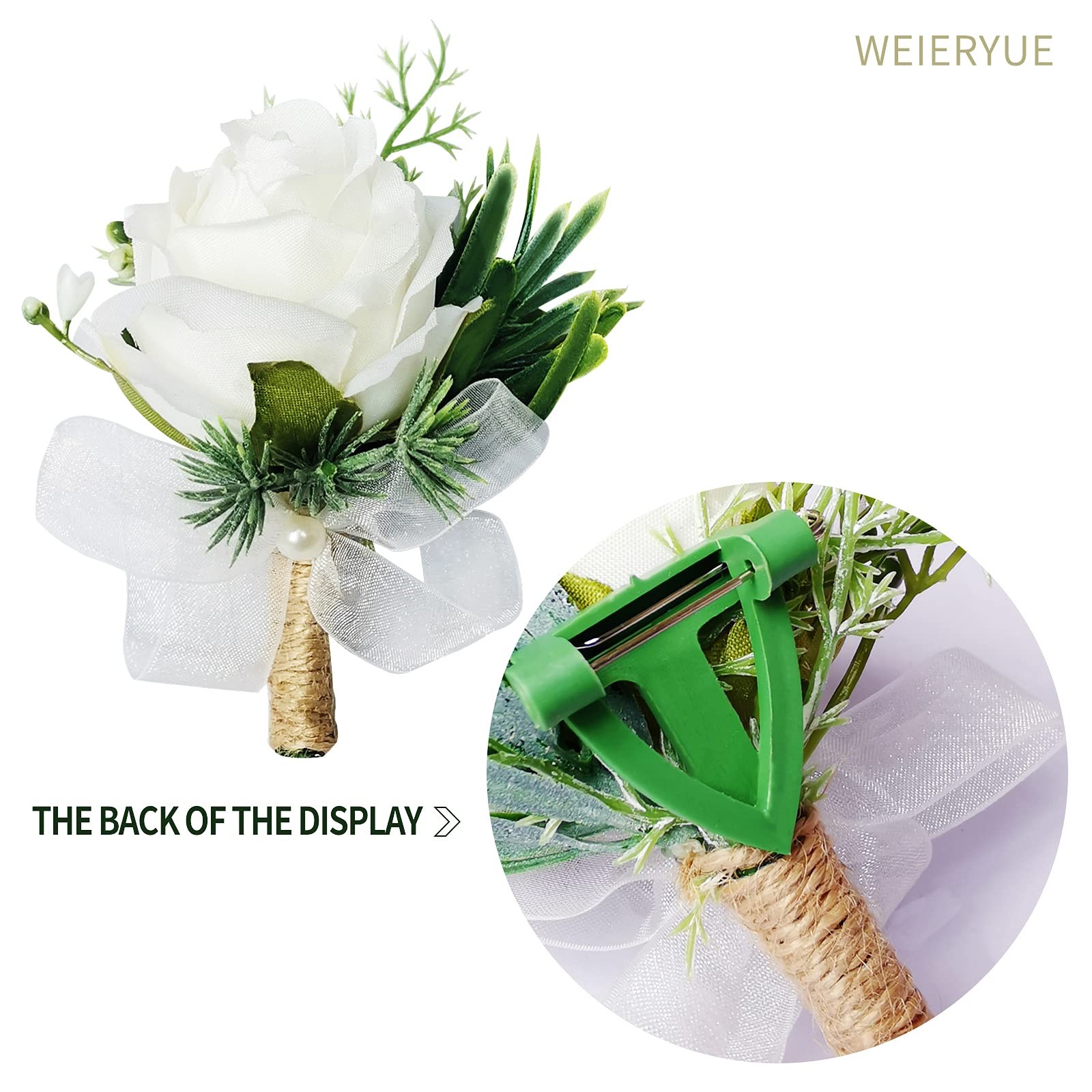 6 PCS Artificial White Rose Wrist Flowers and Mens Boutonniere Corsage Set