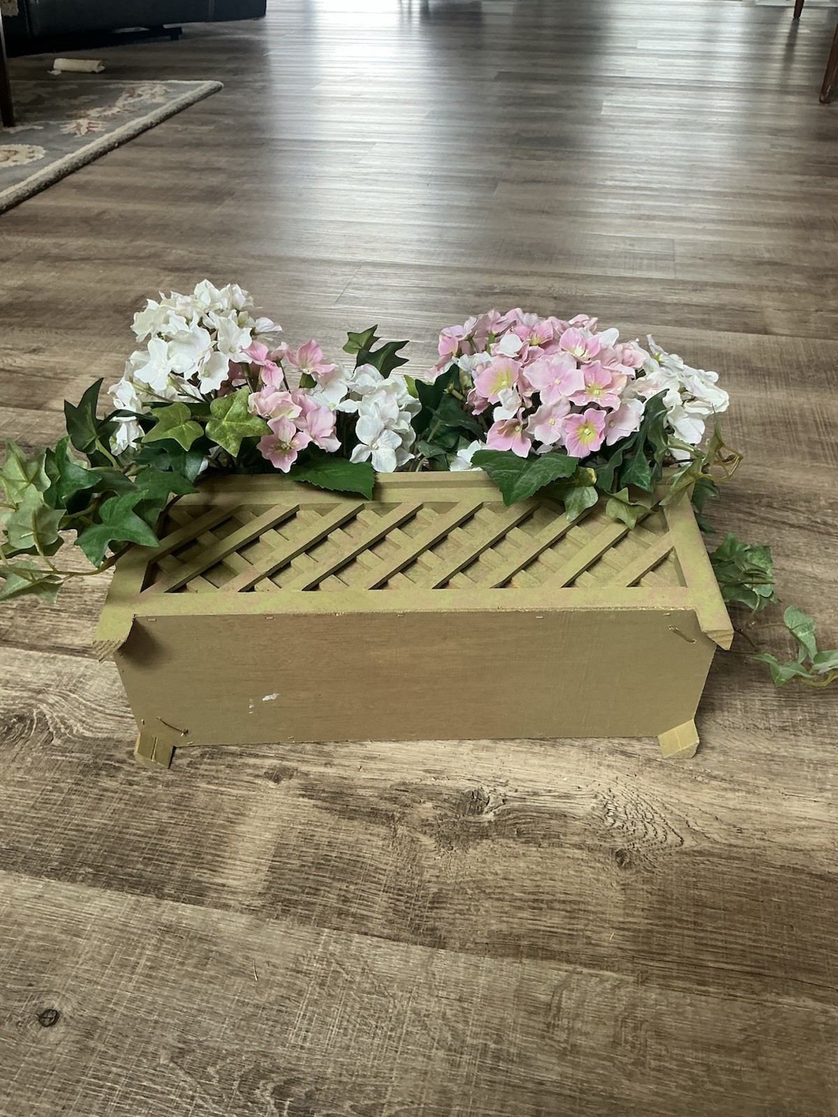Hydrangea Faux Flower Arrangement Pink White In Planter Box 14x5x6