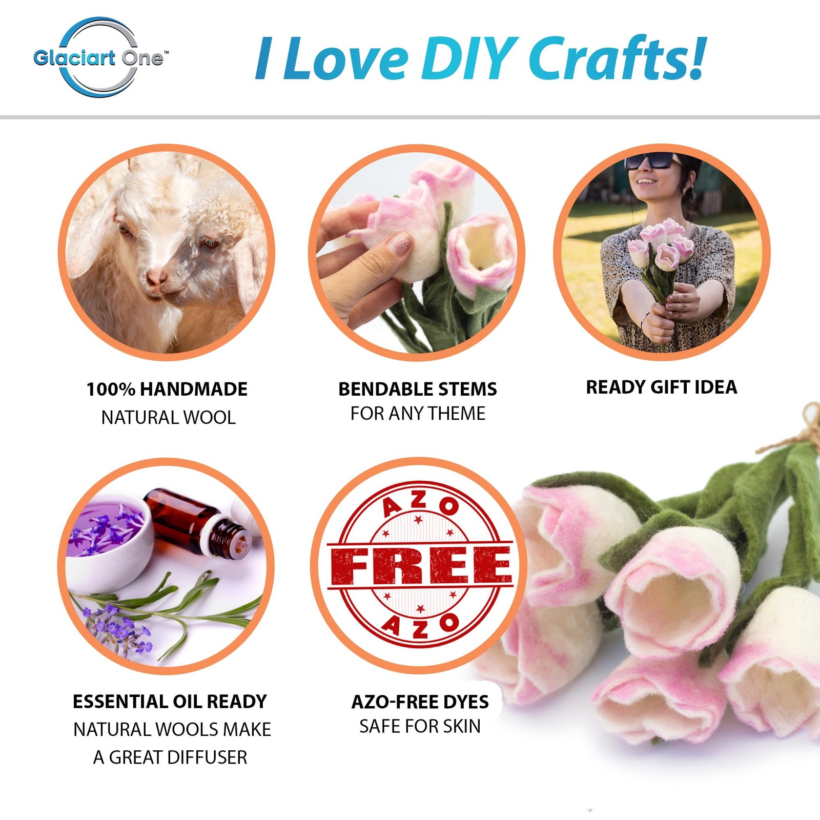 Glaciart One Felt Tulip Flowers Artificial Bouquet – 5 pcs|Reusable, Washable…