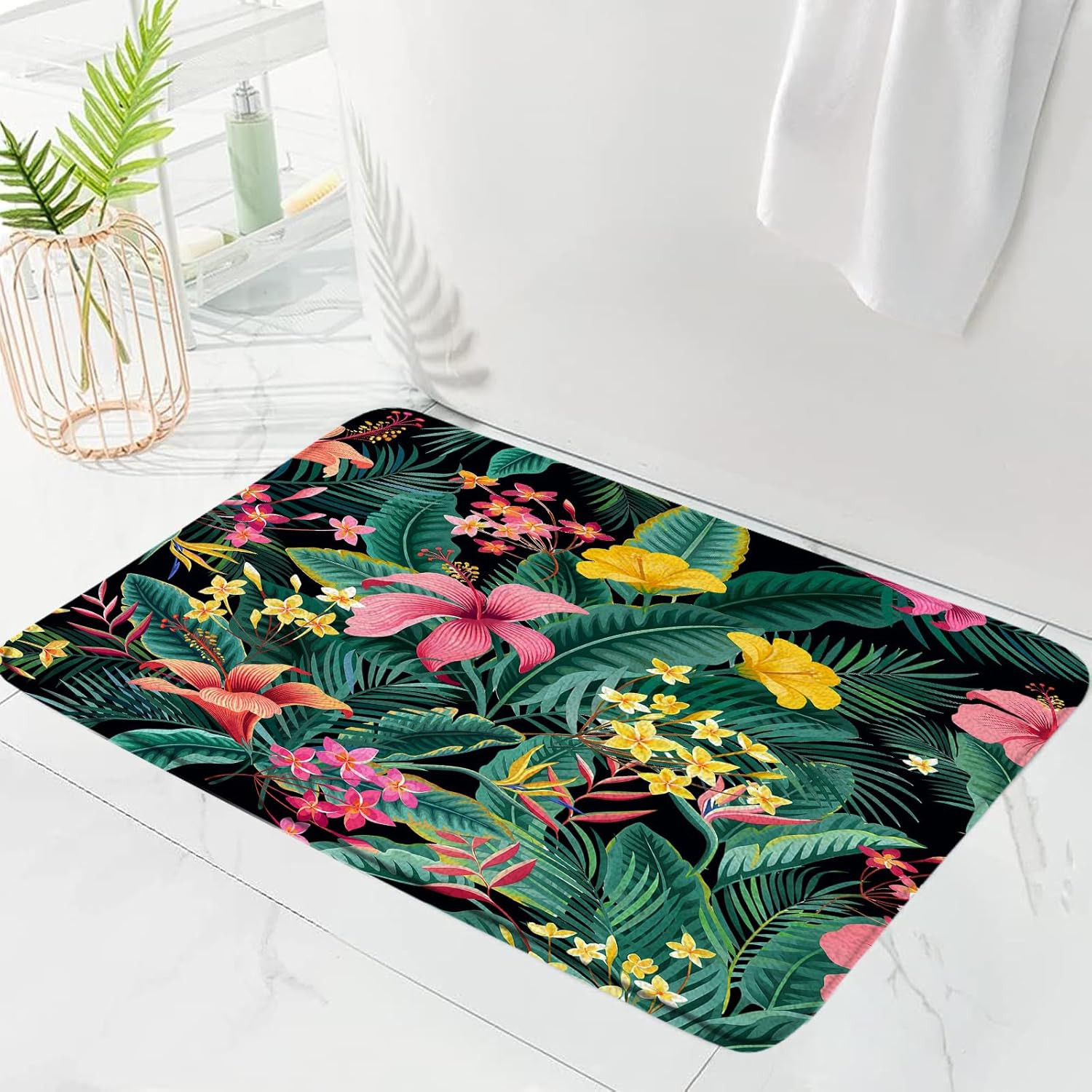 Tropical Leaves Flower Bath Mat Green Palm Banana Leaf Pink Floral Plant Botanic