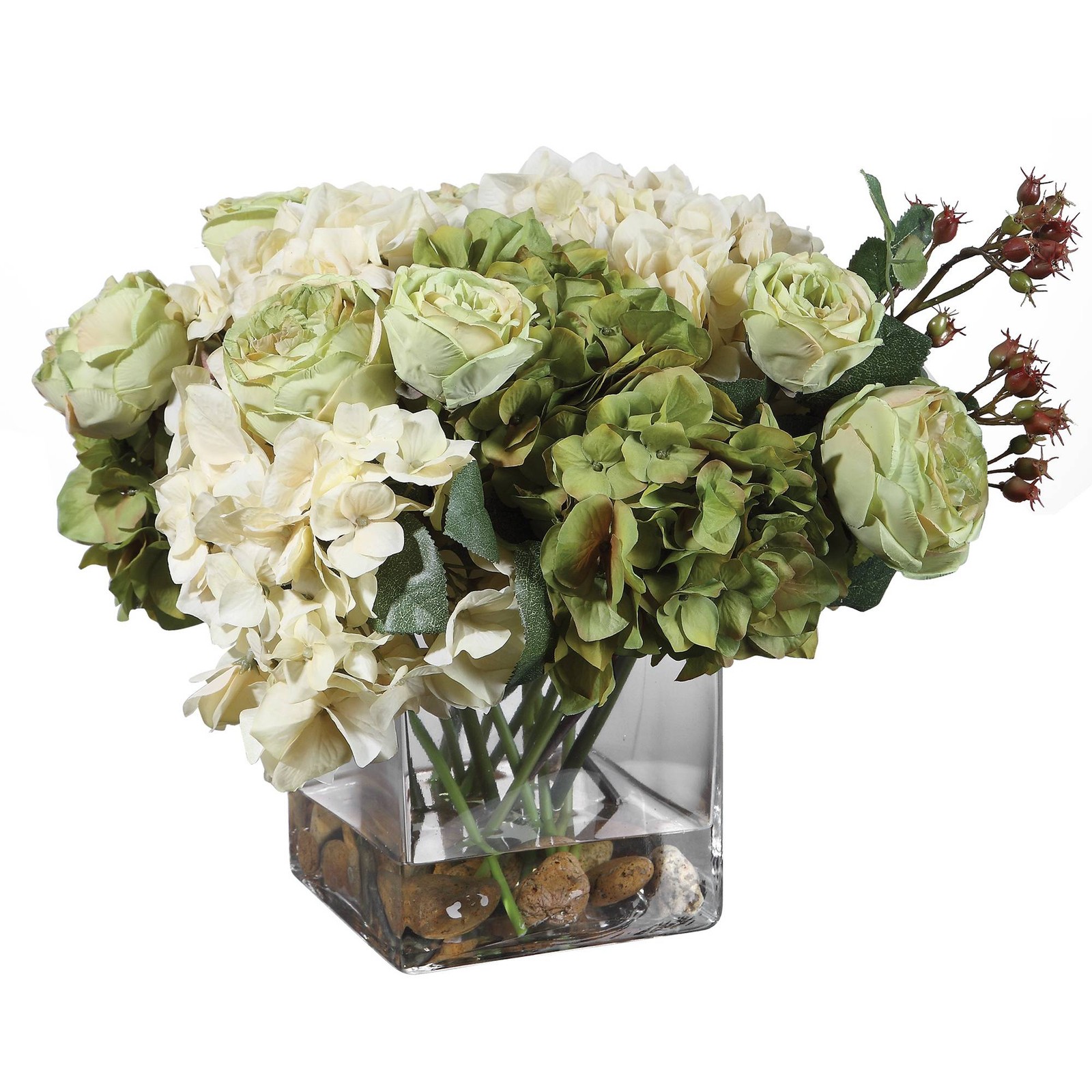 Potted Faux Artificial Flowers Realistic Cream Hydrangea Rose in Vase Home Decor