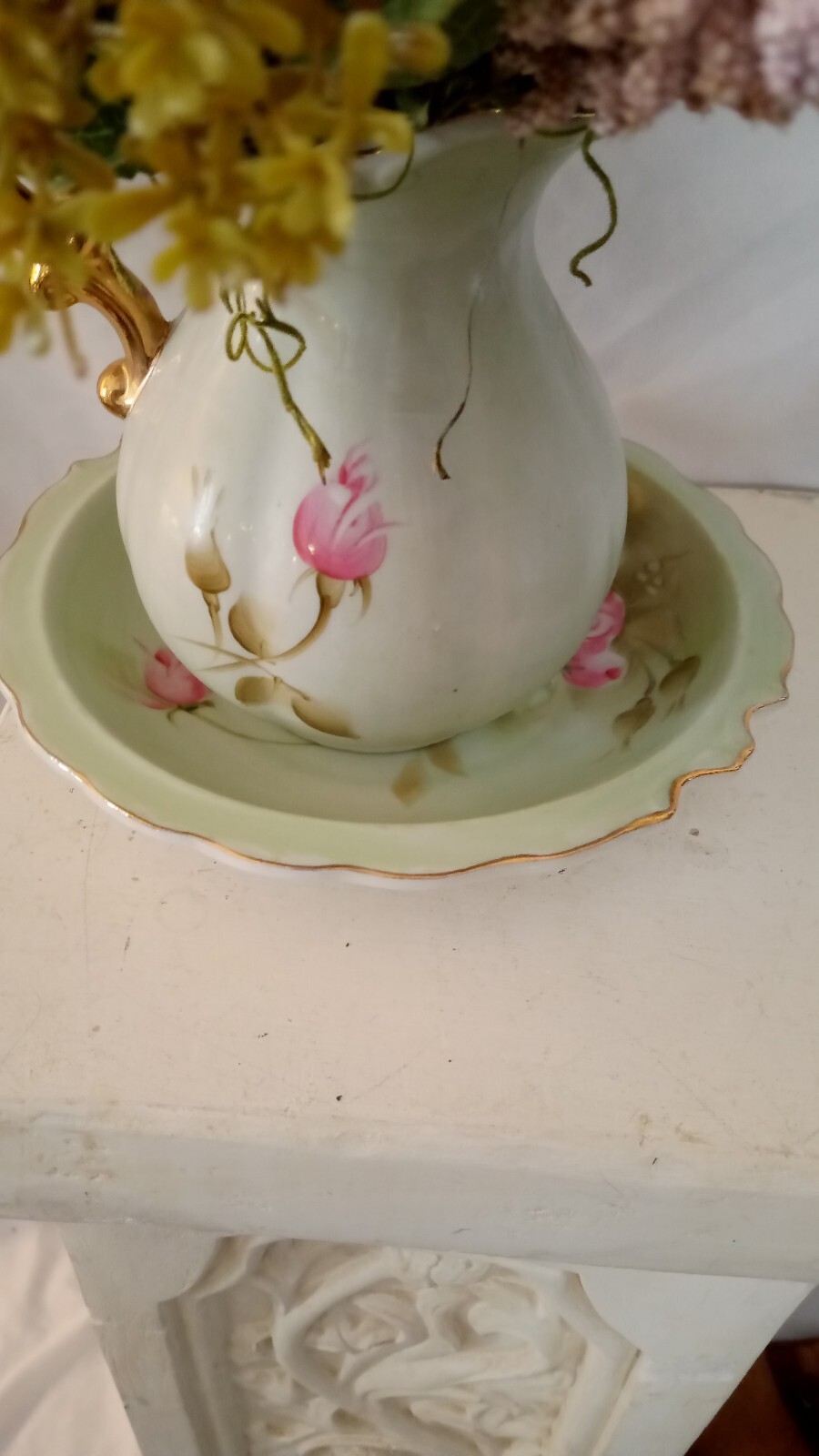 Vintage Lefton Bowl And Pitcher Filled With Beautiful Silk Flower Arrangement