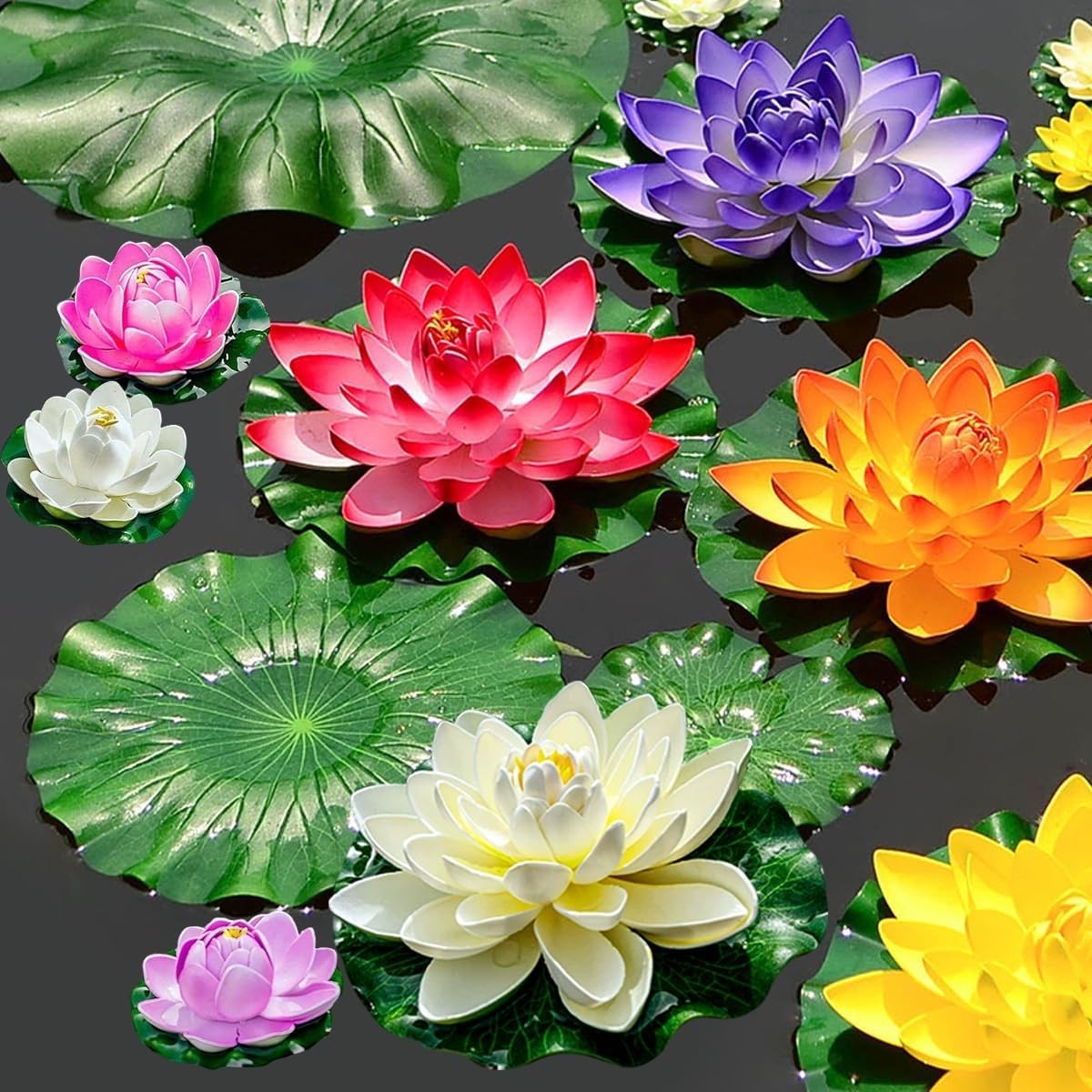 19pcs Realistic Floating Foam Lotus Flowers and Lotus Leaves, Artificial Lotu…