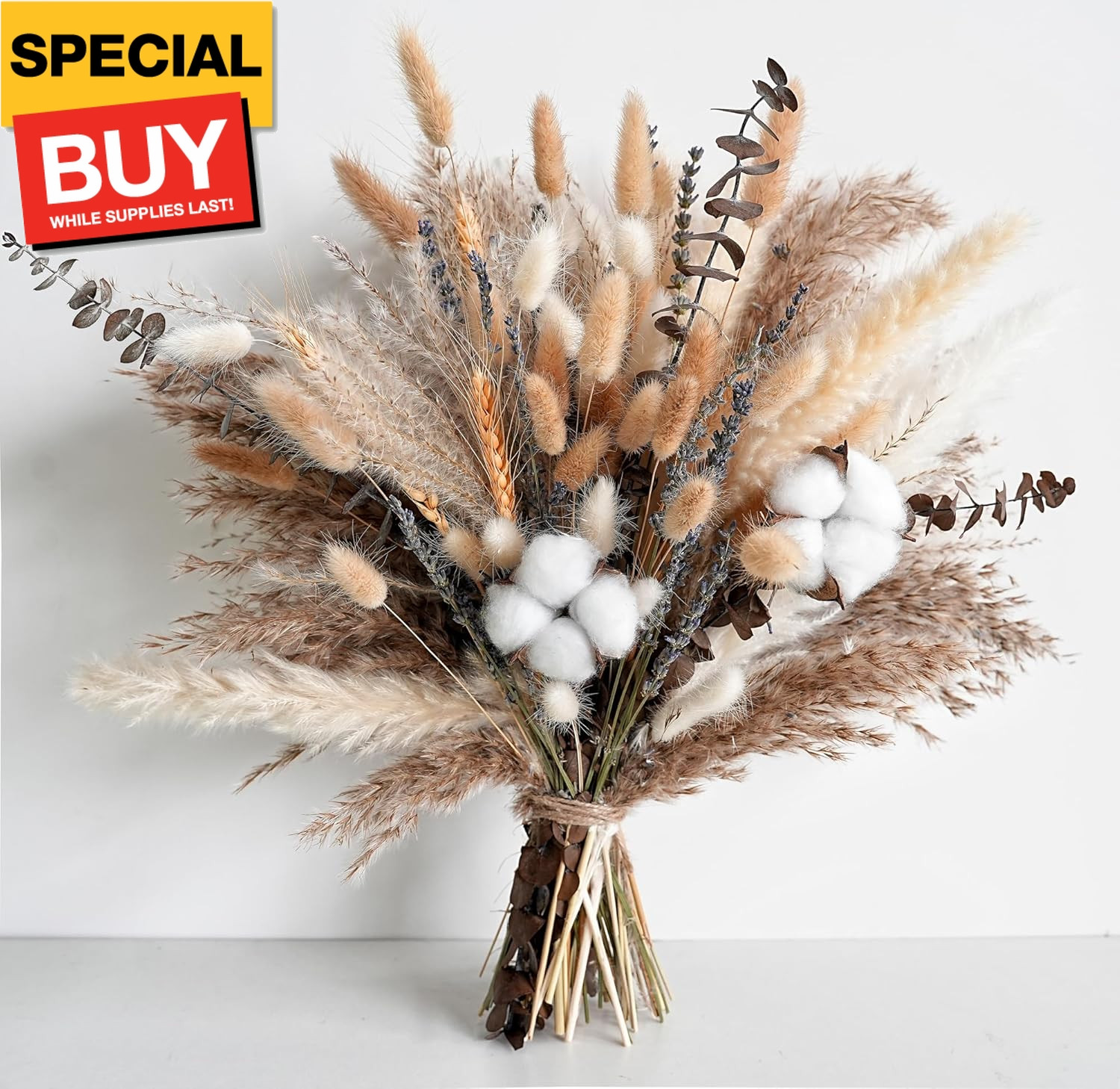 Natural Dried Flower Bouquet – Pampas Grass, Cotton Stems, Bunny Tails, Eucalypt
