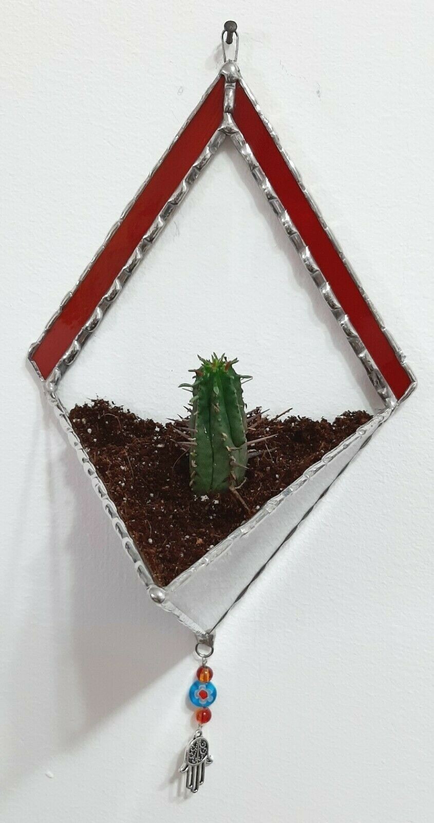 Transparent Terrarium in Shaped of Diamond Stained Glass with Red frame
