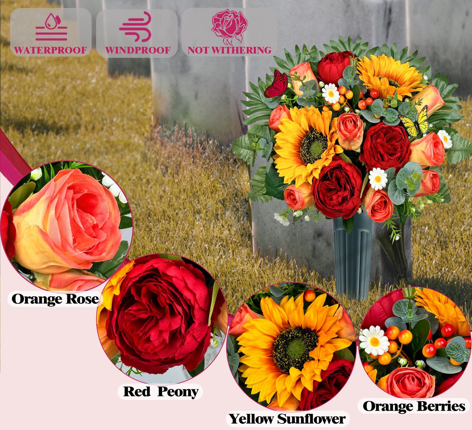 Artificial Cemetery Flowers for Outdoor Grave Decorations，Memorial Flower- Re…