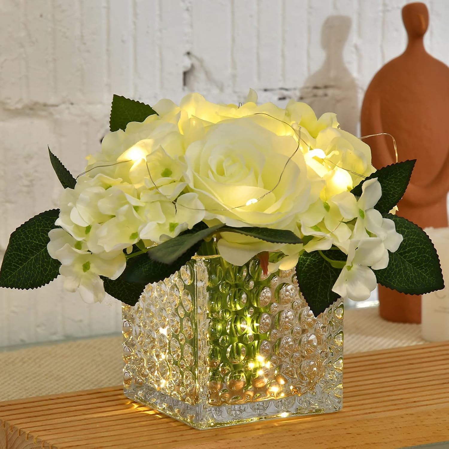 Artificial Silk Rose Flower Centerpiece Arrangement in Glass Vase with LED Light