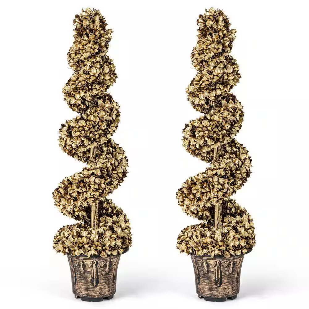 4 Ft. Gold Artificial Topiary Spiral Tree in Vintage Plastic Nursery Pot (2-Pack