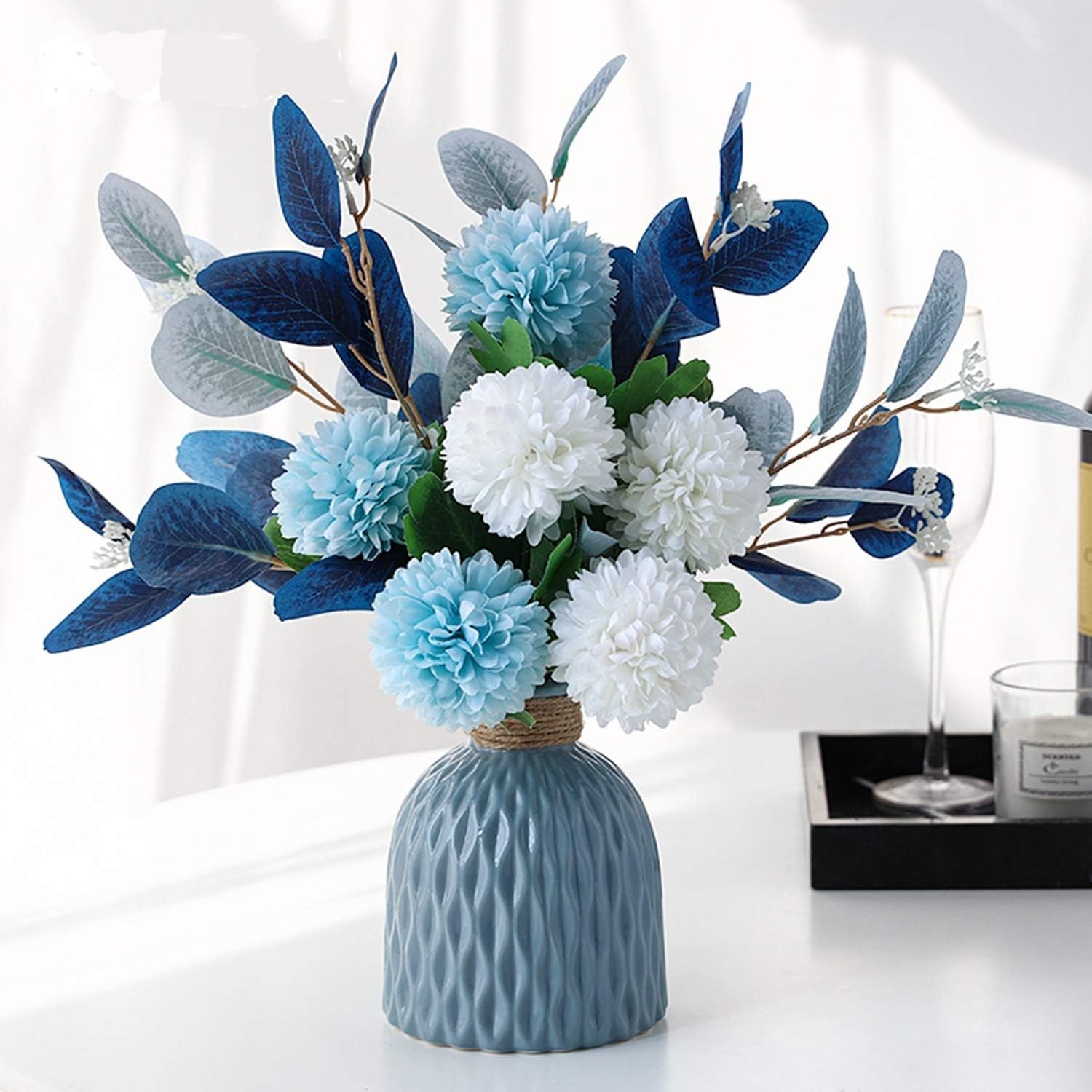 Artificial Flowers with Ceramic Vase Faux Hydrangea Flower Arrangements Table…