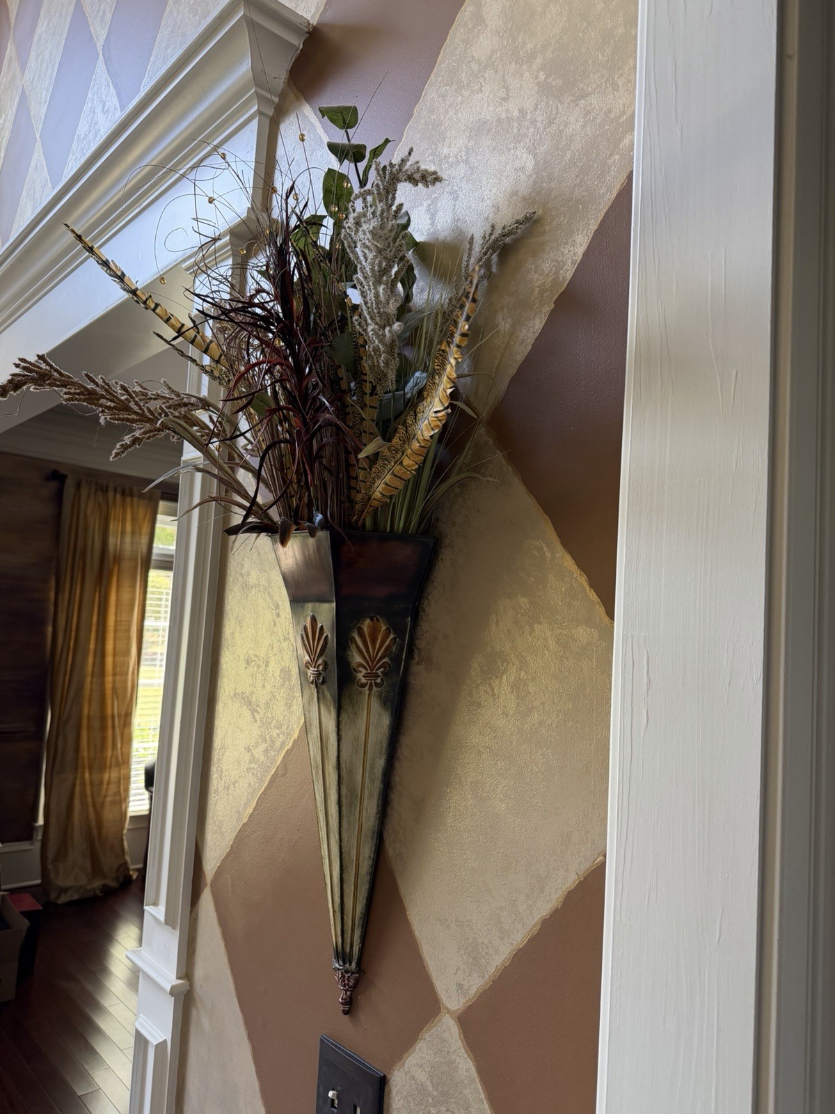 Artificial Grass Fern Wall Arrangement in Metal Cone Brown Green