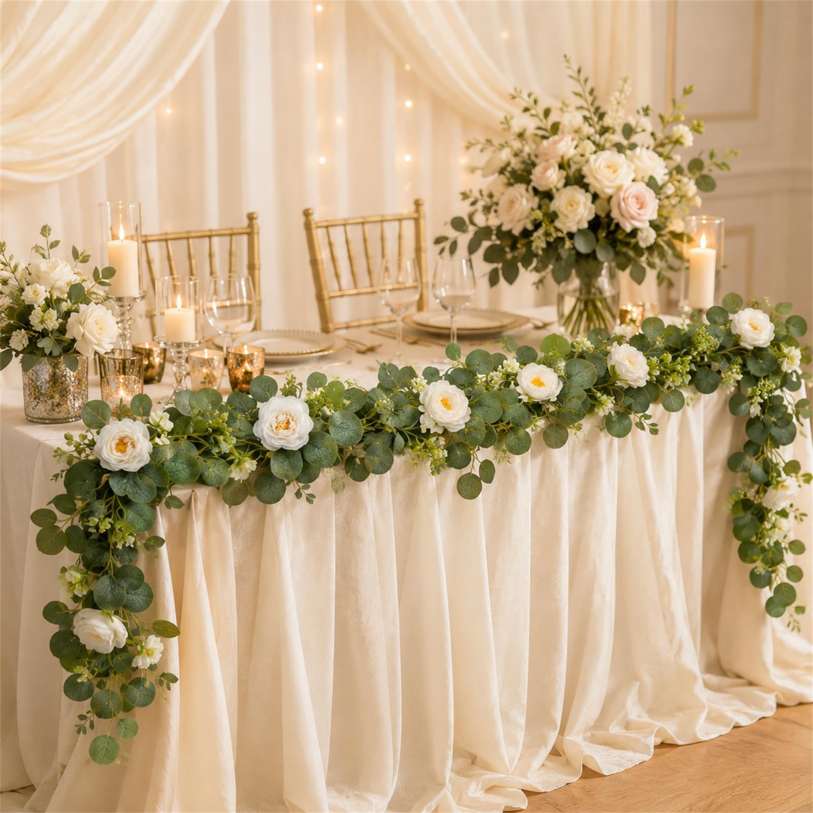 2 Pack Artificial Eucalyptus Garland with White Roses, Total 12FT Flower Gree…