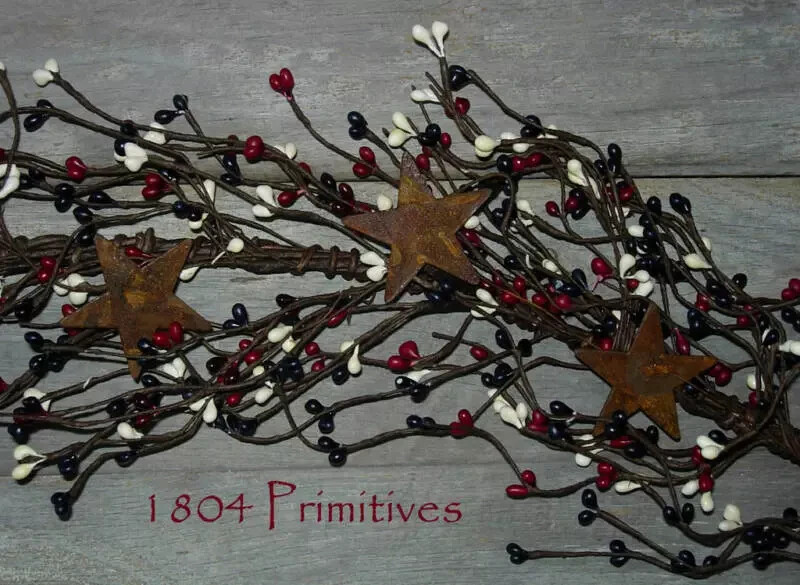 40″ COUNTRY MIX Pip Berry Garland w/ Rusty Stars – AMERICANA – Red White Blue