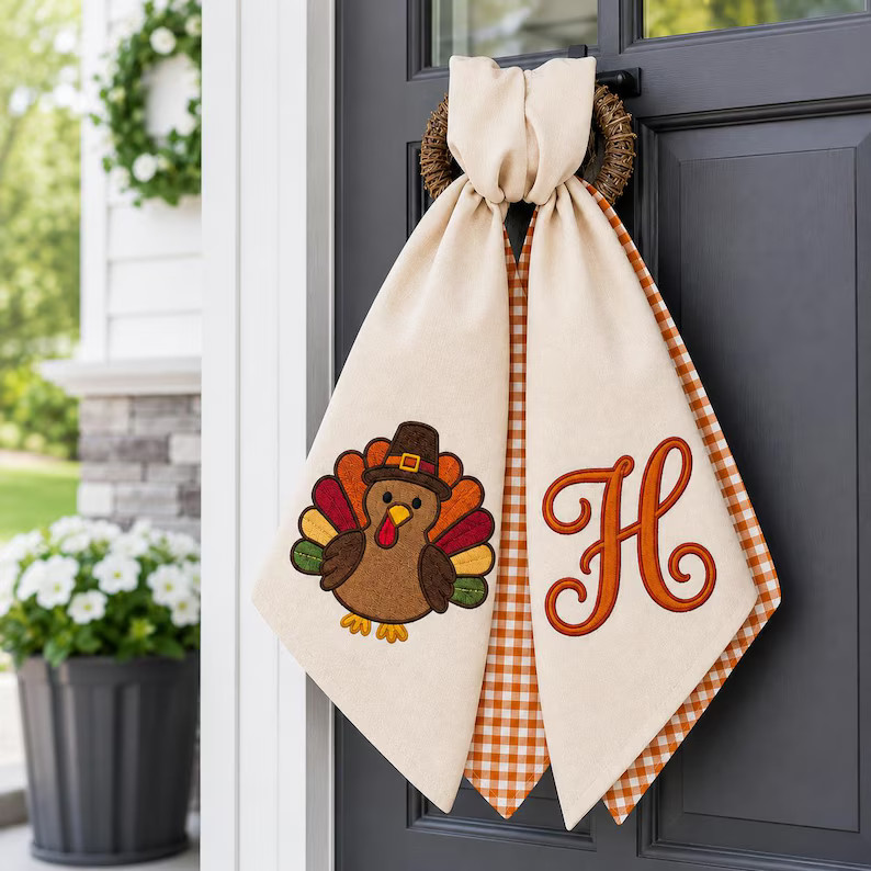 Custom Embroidered Monogrammed Thanksgiving Turkey Wreath Sash Autumn Decor