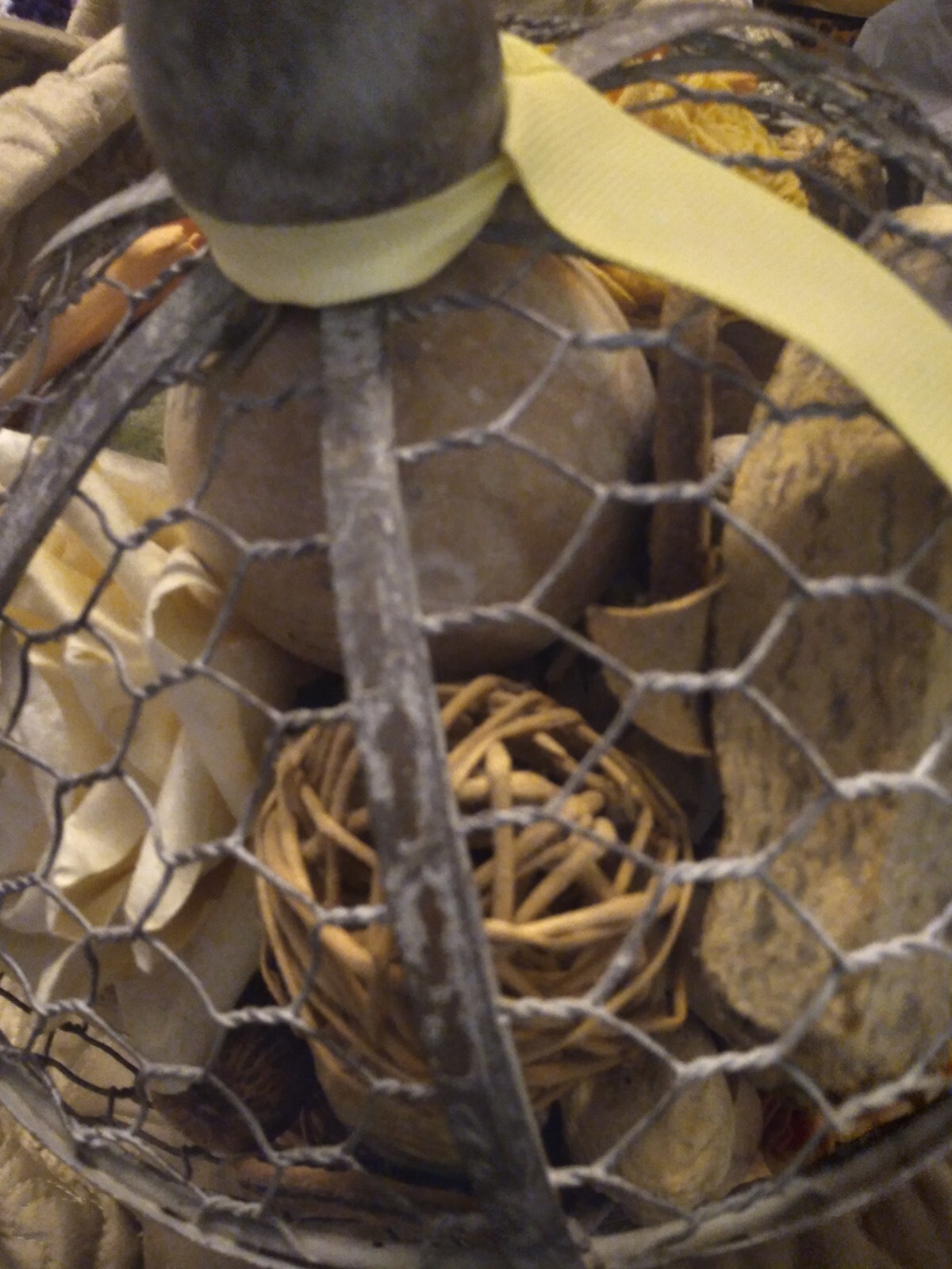 Bird Cage Filled With Gourds, Nuts, Pinecones, Dried Fruit, Twin Balls, Flowers