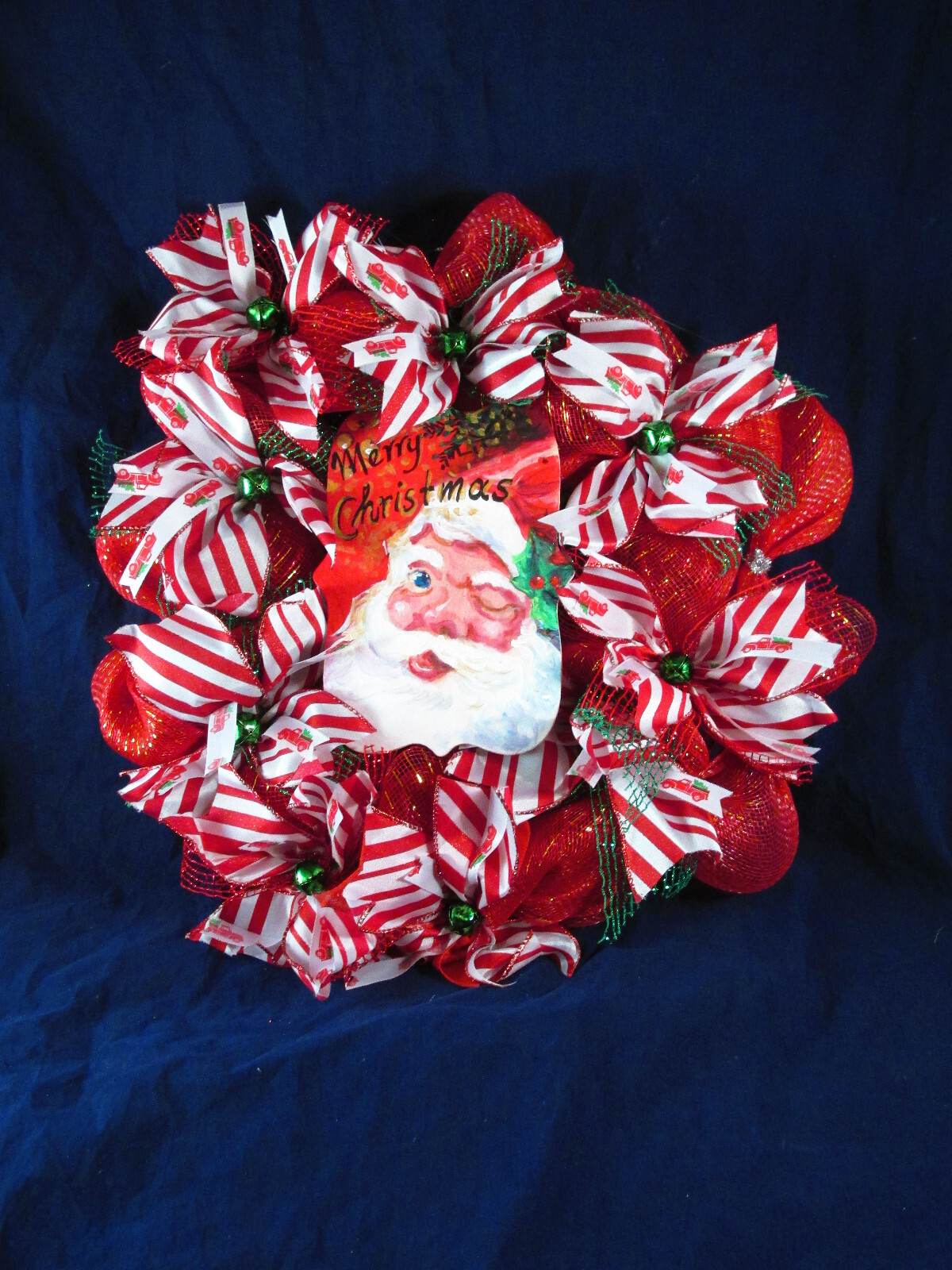Green Red and White Peppermint Ribbon Deco Mesh Wreath