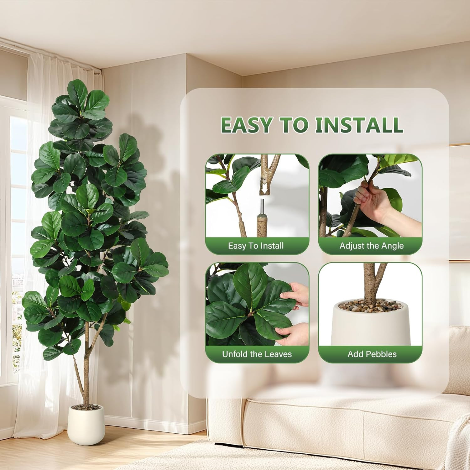 7FT Realistic Artificial Fiddle Leaf Fig Tree with White Planter for Home Decor