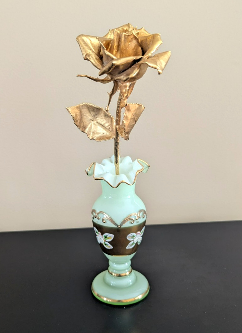 Golden Rose Figurine Real Preserved Rose Metallic Gold Dipped Decoration 11.1/8″