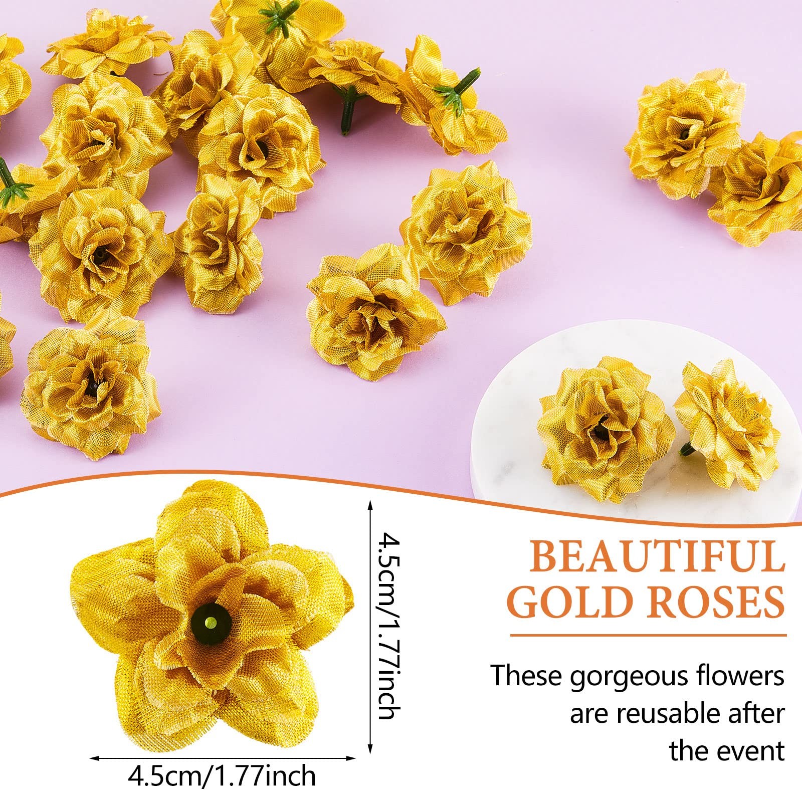 100 PCS Artificial Roses Head 1.77 in Fake Silk DIY Wedding Wall Decor Gold