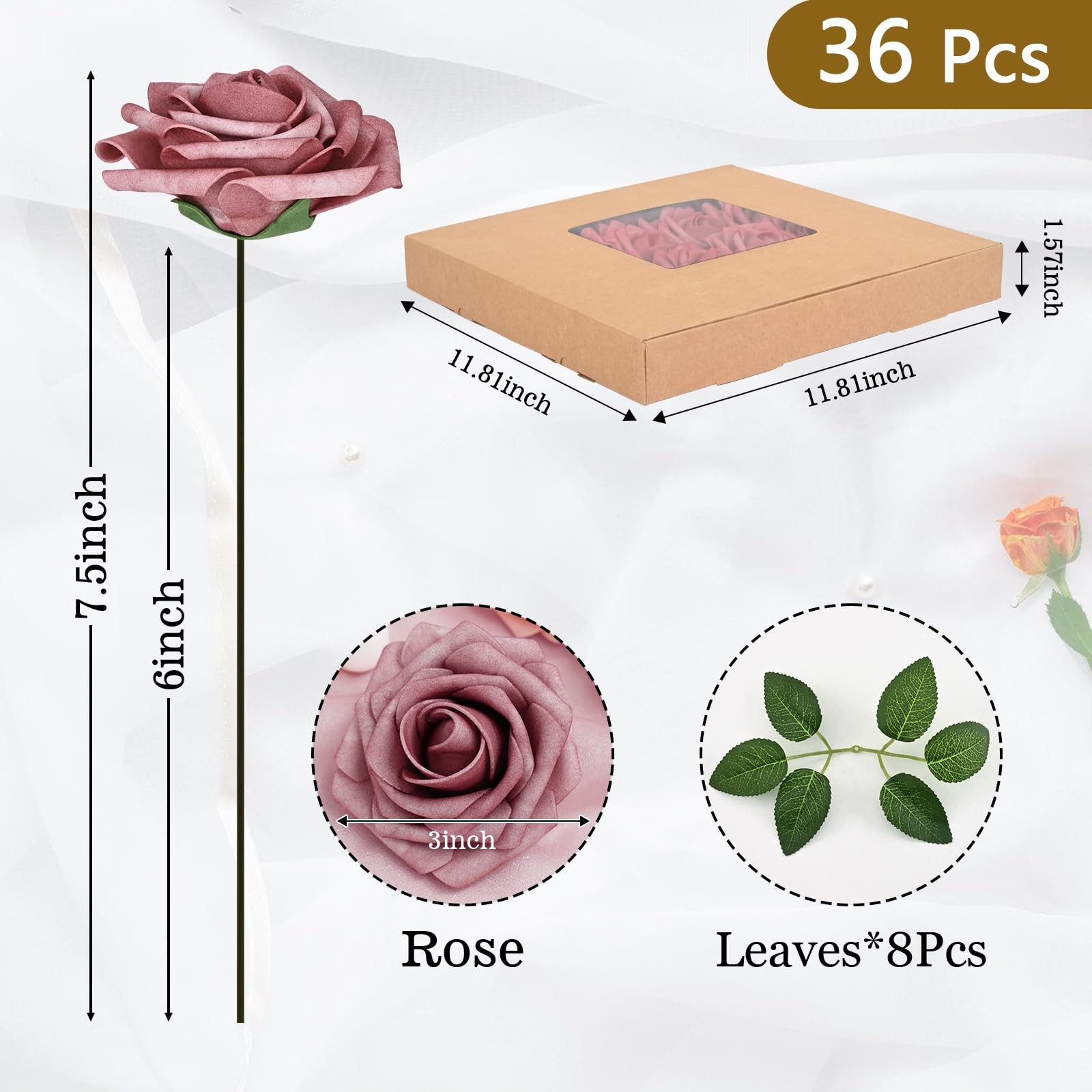 BLEUM CADE 36Pcs Artificial Flowers Fake Roses with Stems, Gradient Dusty Rose