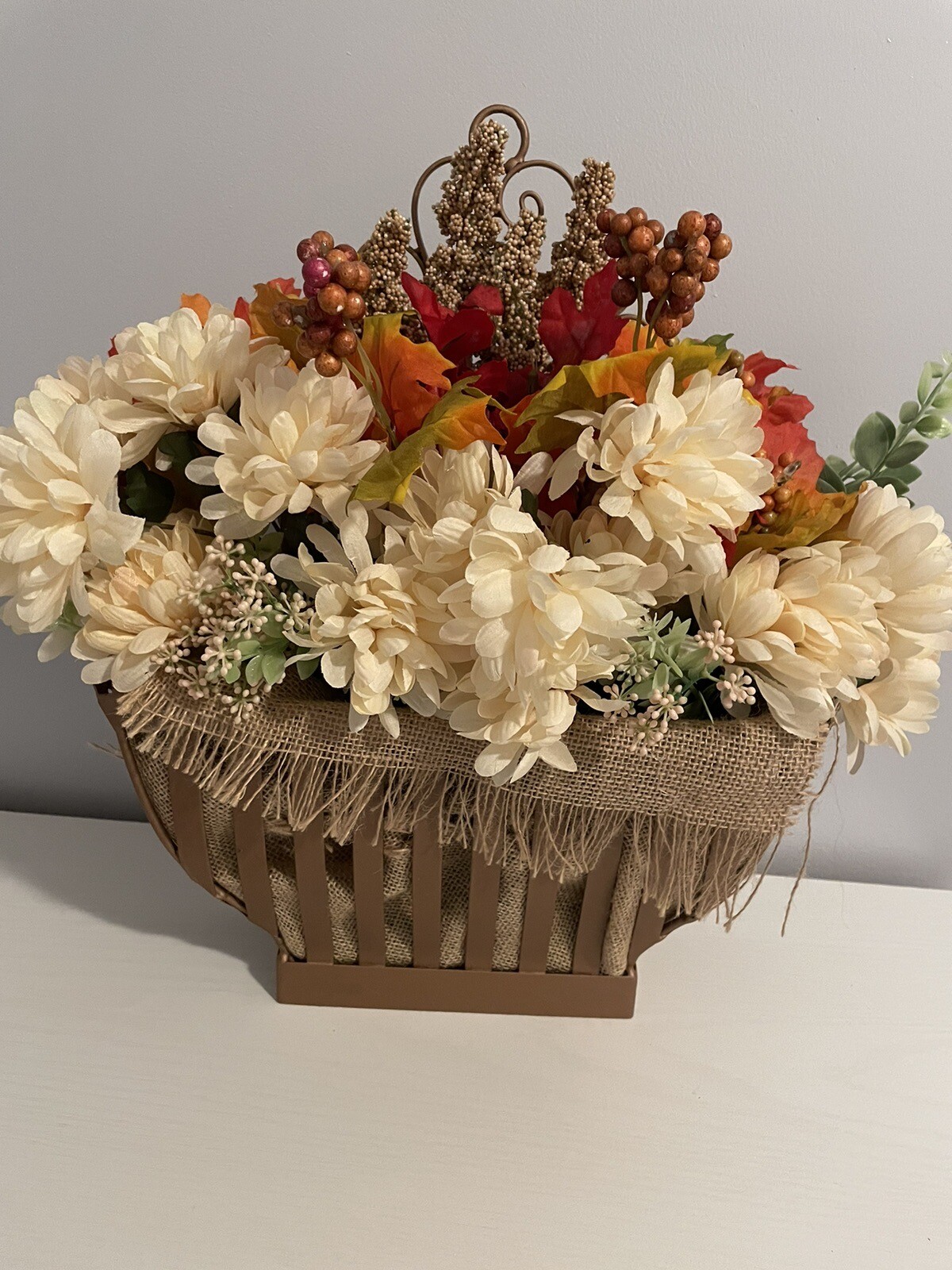 Fall Flower Arrangement In Large Upcycled Metal Hanging Basket Copper Painted