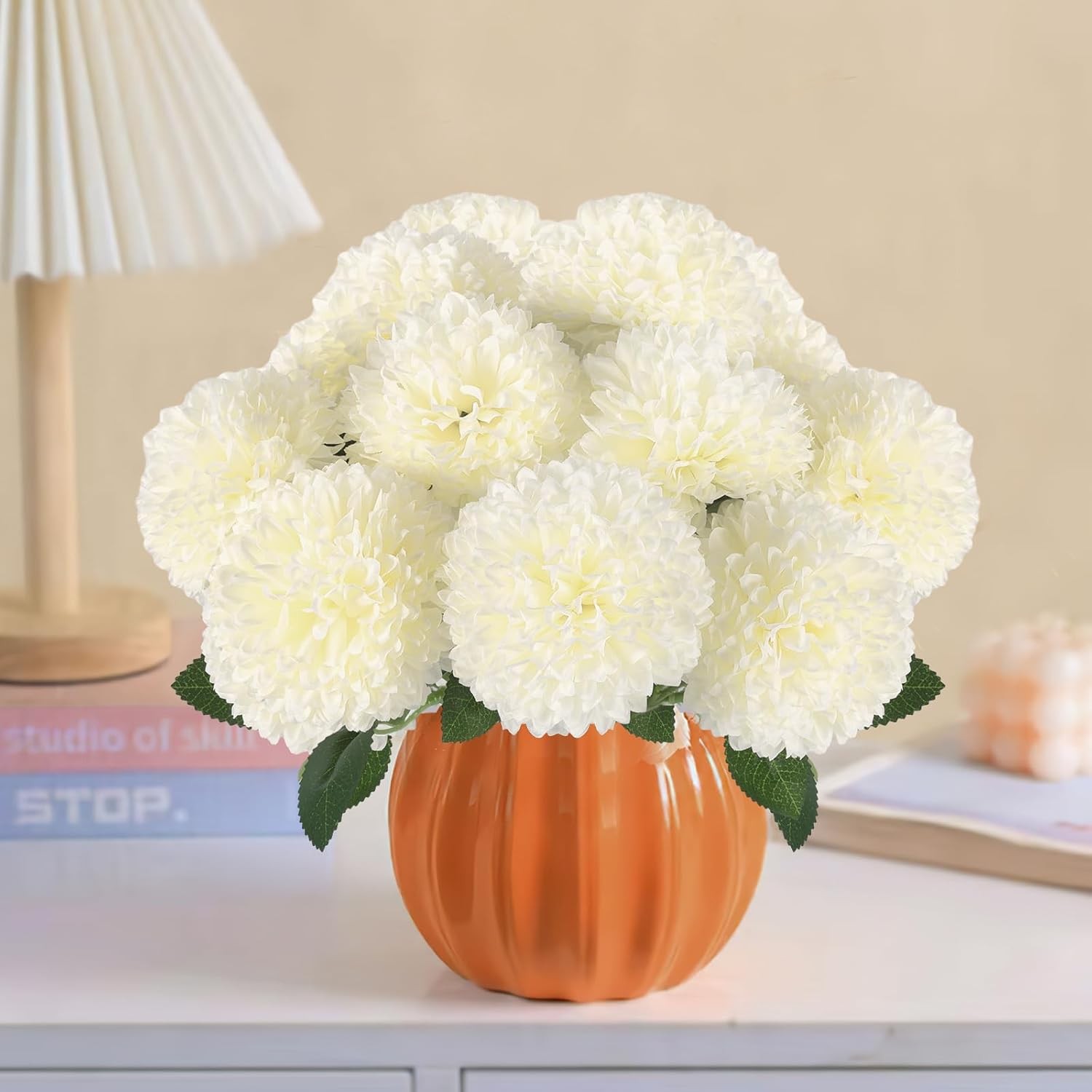 White Artificial Silk Chrysanthemums 12 Pcs Floral Centerpiece