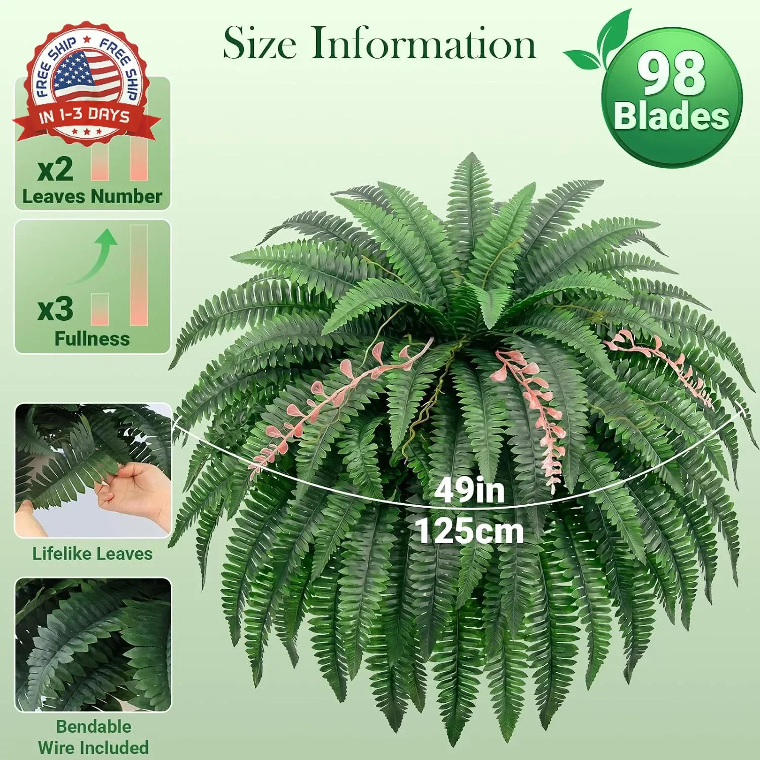 49″ Artificial Ferns for Outdoors,2 Boston Fake Ferns with 98 Pronds,UV Resistan