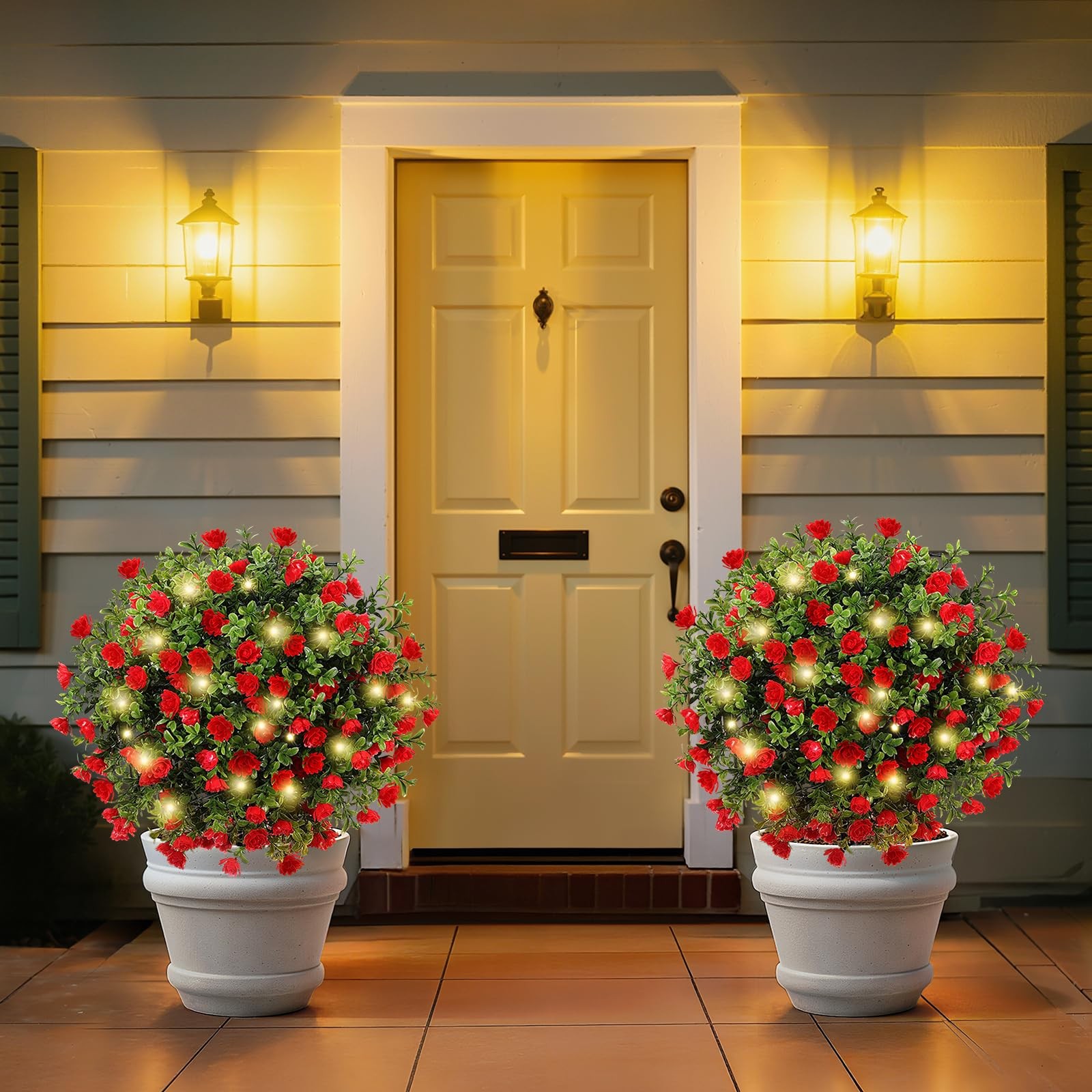 Lewondr Artificial Red Flowers Boxwood Topiary Ball with LED Lights,23.6” Ar…