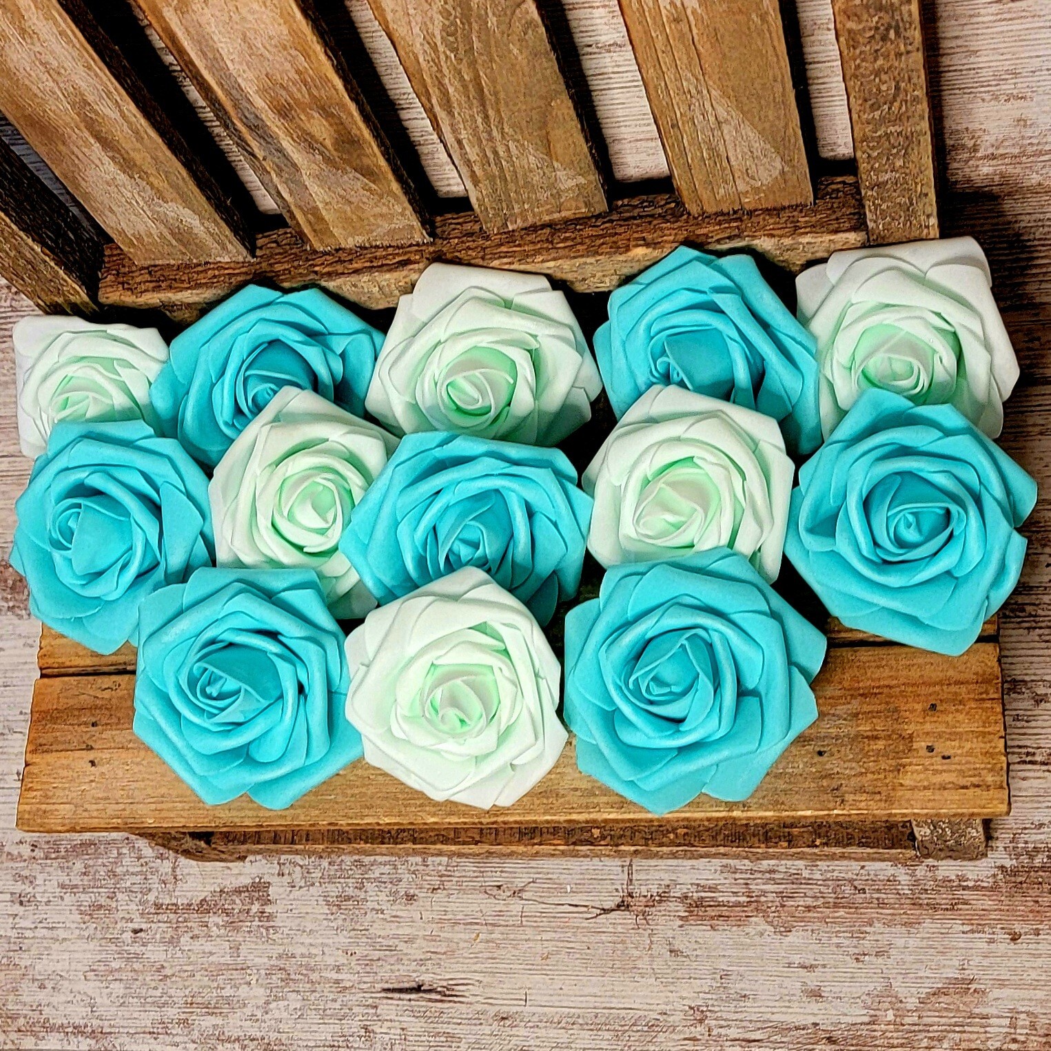 Three Teal Faux Roses with Stem for DIY Crafts, DIY & Party Decor, Tiered Trays