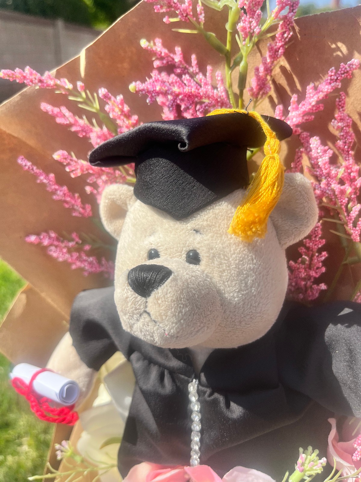 Hand Made Graduation Plush Bear Pink Artificial Flower Bouquet & Matching Ribbon