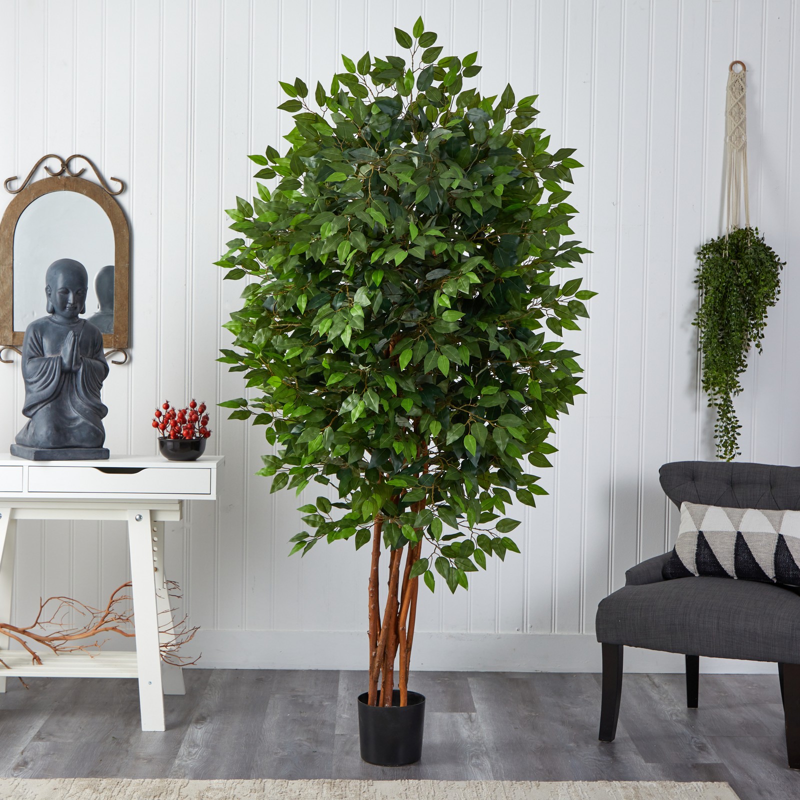 Nearly Natural 78″ Deluxe Ficus Tree with 2500 Leaves in Green/Black