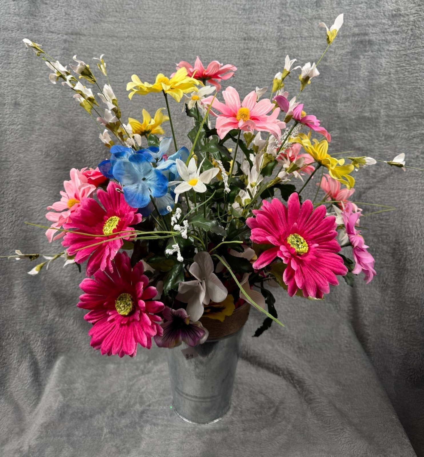 Artificial Flower Bouquet In Galvanized Metal Vase – Mixed Colors & Blooms