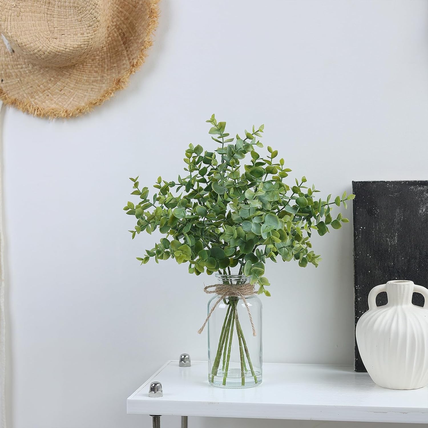Fake Eucalyptus Stems in Glass Vase with Faux Water,14″ Artificial Plants