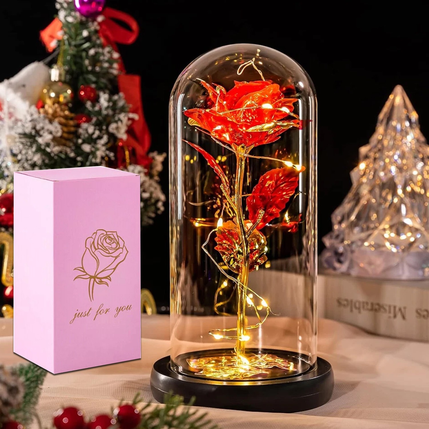 Romantic Rose Flower In Dome Glass LED Night Light Anniversaries Valentines Gift