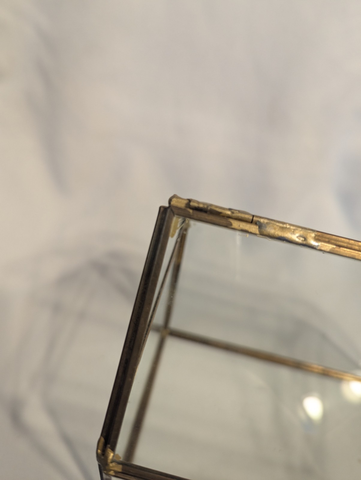 Small house shaped metal and glass terrarium