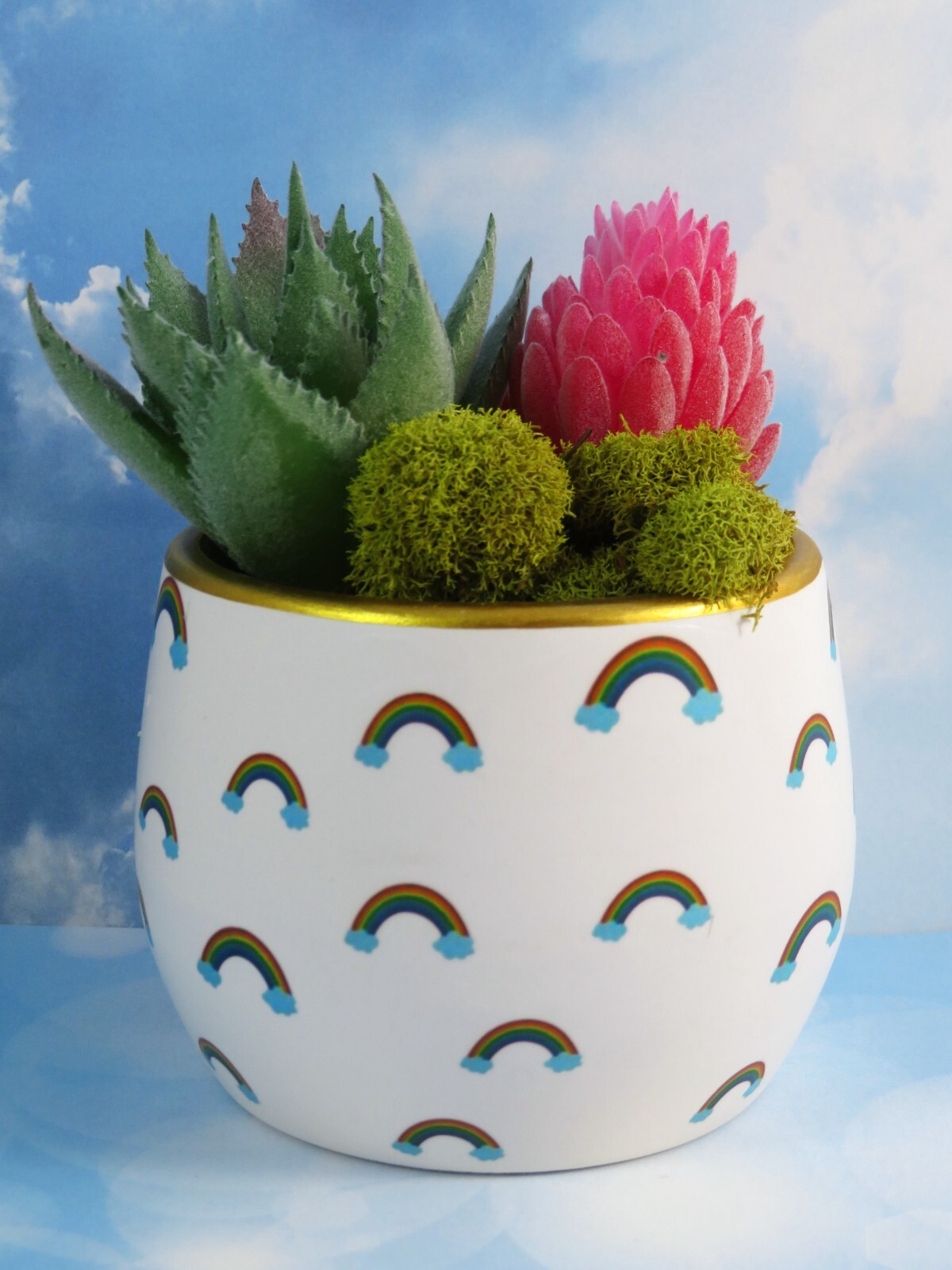 Mini Rainbows Ceramic Planter With Artificial Succulents 2.5 Inch Gold Rim New
