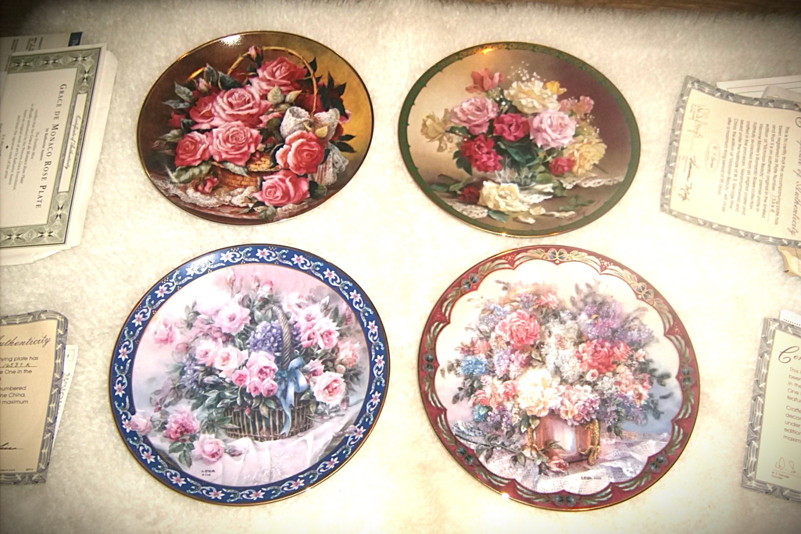 ROSE PORCELAIN PLATES Vintage Floral Flowers Lena Liu Katherine Austen LOT Four