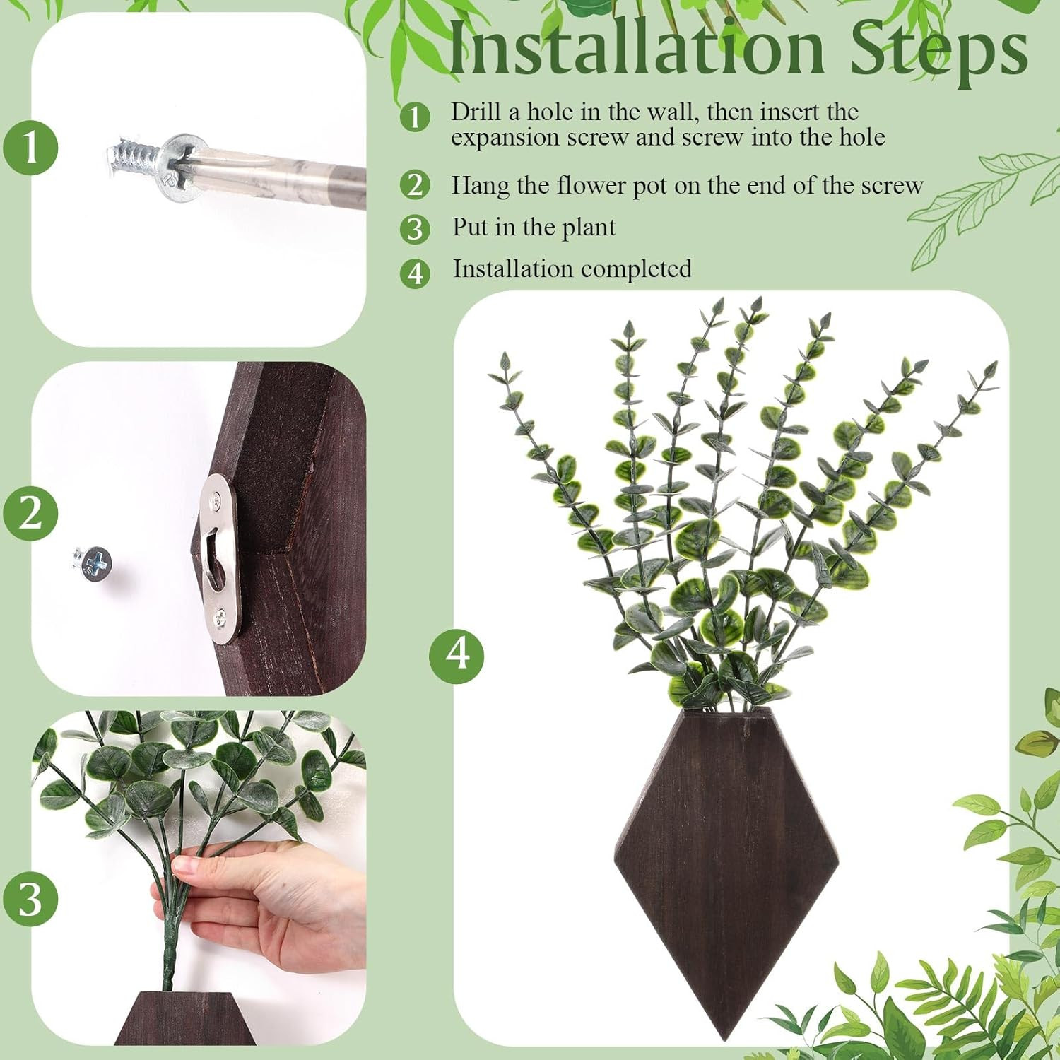2 Pcs Wooden Wall Planter Decor Hanging Fake Plants Greenery Flowers Holder Vase
