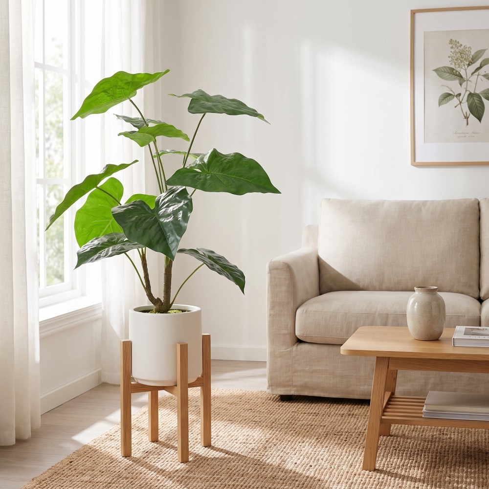 30” Artificial Tropical Alocasia Leaf Plant With White Pot 2pc/set