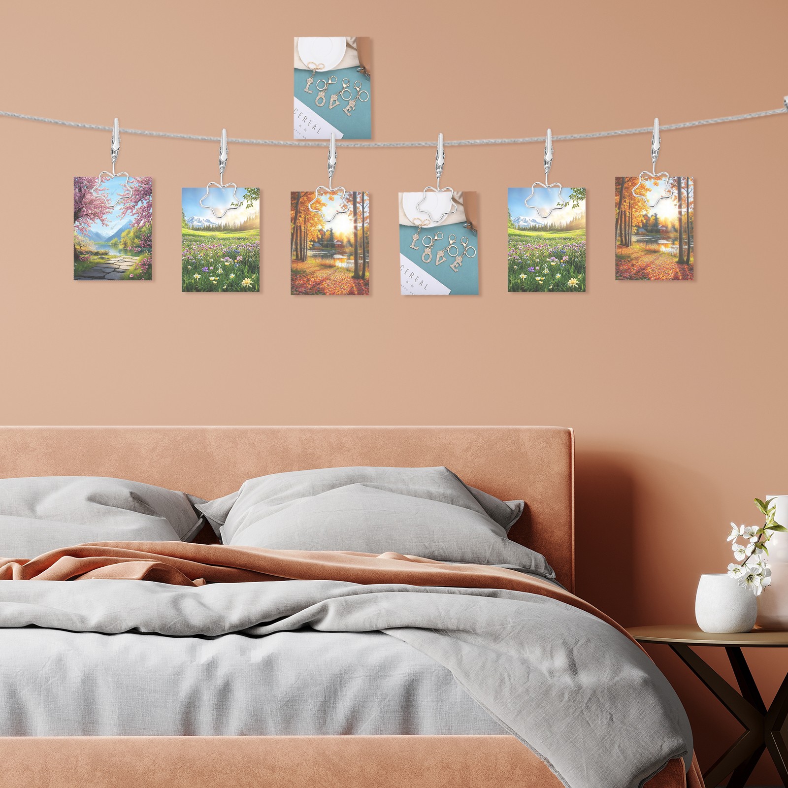 2pcs Wall Hanging Photo Display Cable Wire Rod with 20 Flower Clips, Silver,5Ft