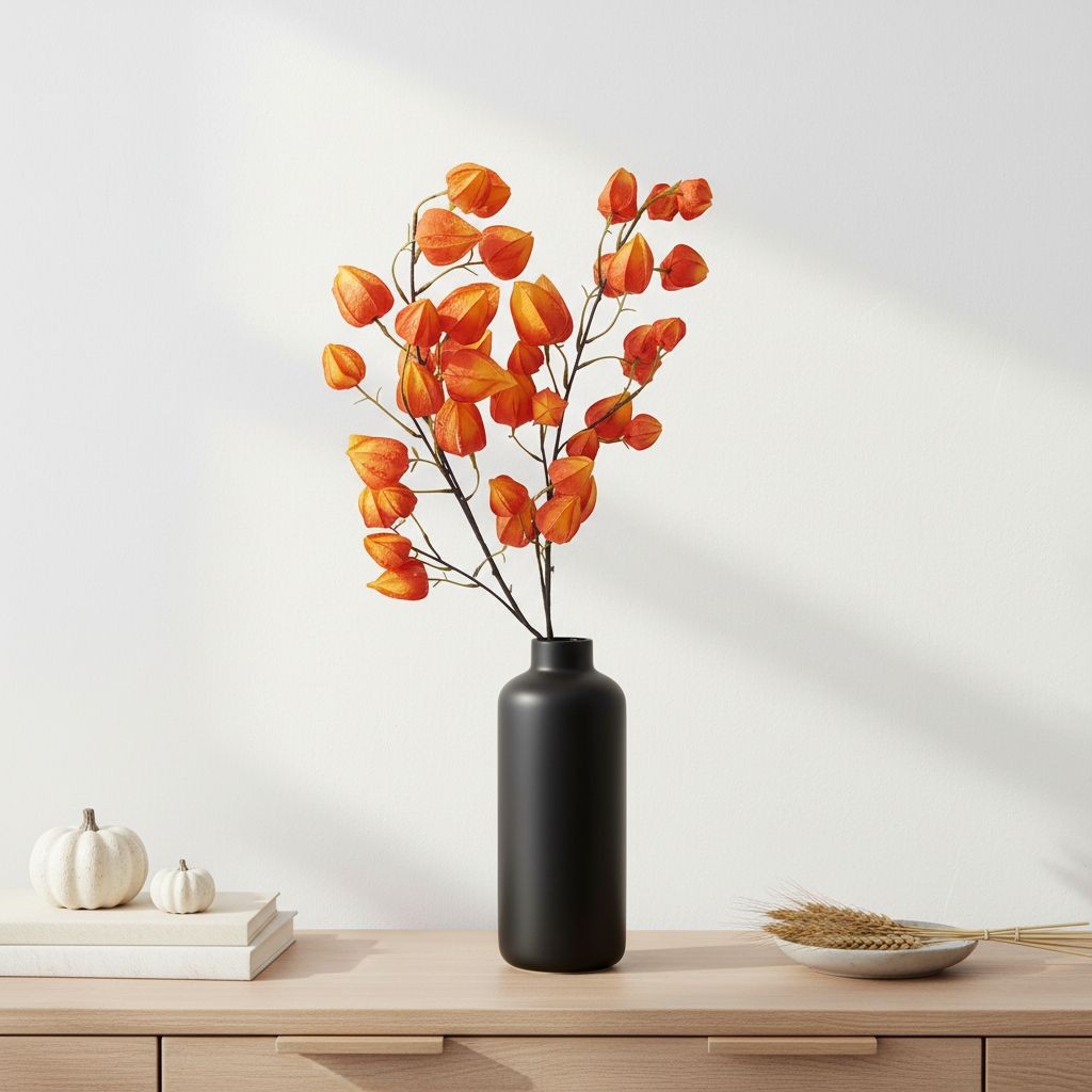 Artificial Orange Chinese Lantern Flower Stems Set of 2 Tall Faux Autumn Branche