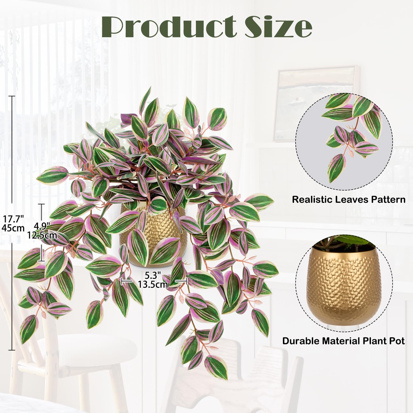 Faux Plants Indoor 17.7 Inch Gold Pot Pink Leaves Watermelon Peperomia Silk