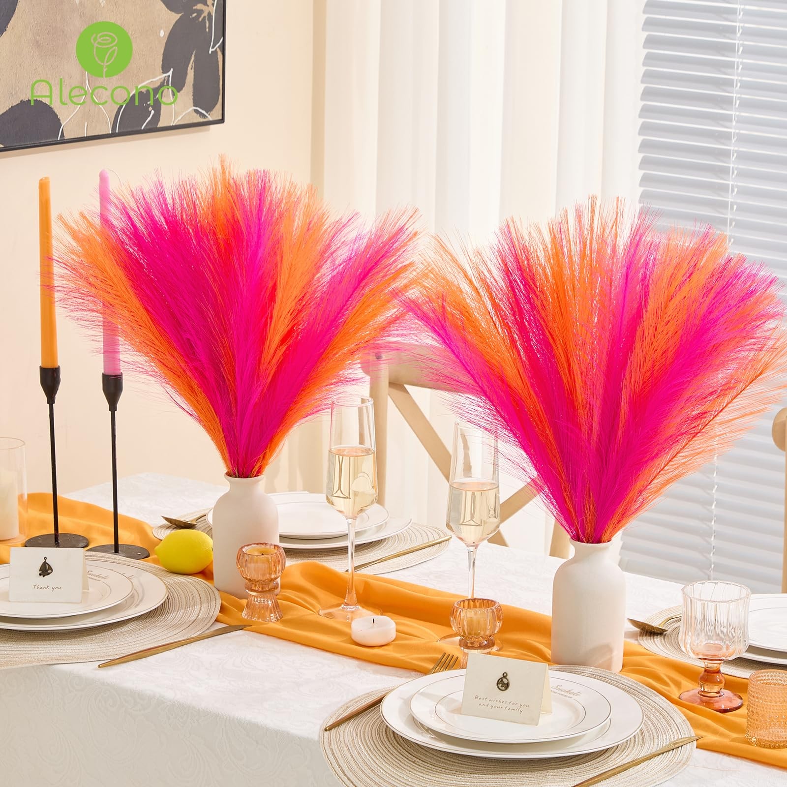 Pampas Grass 17in 𝟯𝟬𝙋𝙘𝙨, Orange and Hot Pink Artificial Faux Fluffy Pamp…