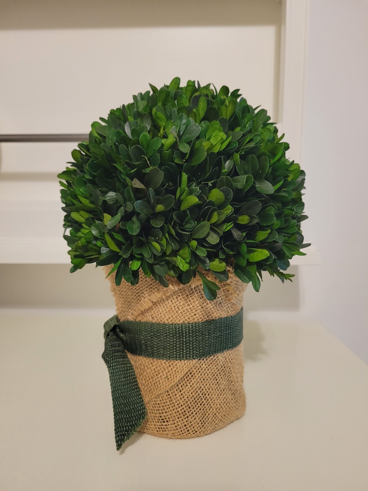 Artificial Boxwood Ball Topiary in Burlap Pot with Green Ribbon, Green/Beige