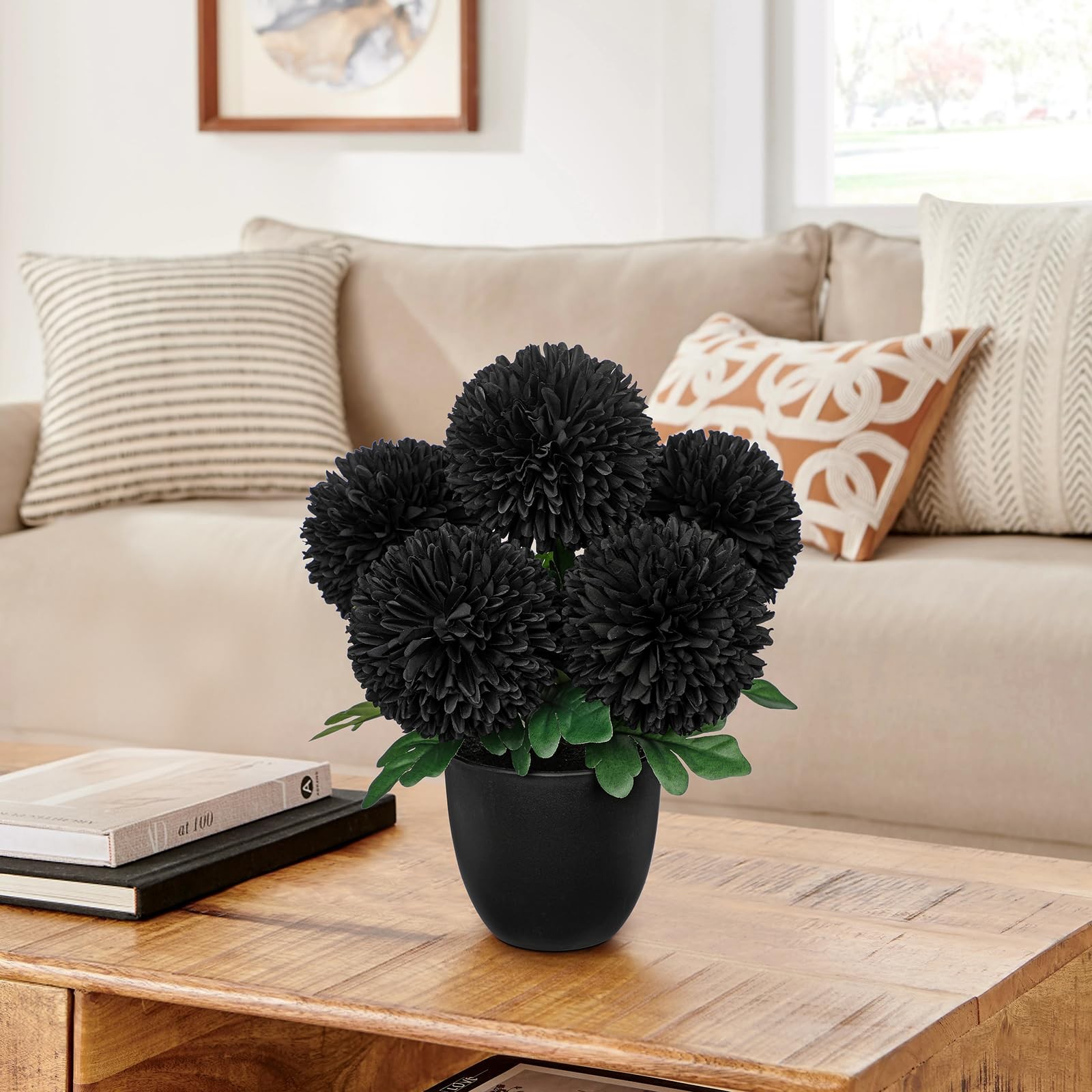 Briful Black Artificial Mums – Realistic Silk Fall Chrysanthemums in Black Po…