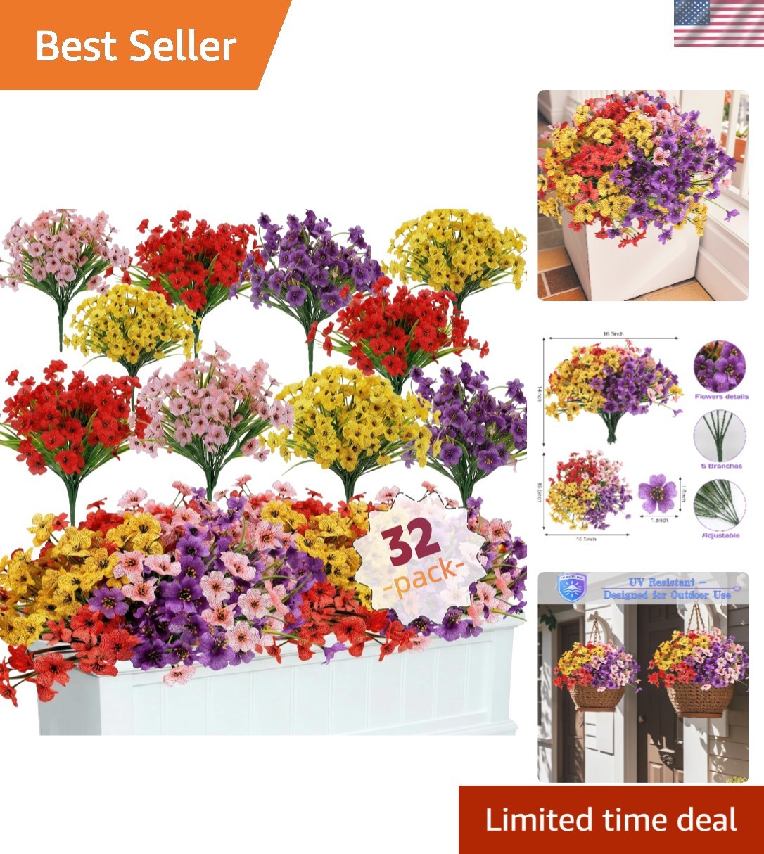 32 Bundles UV Resistant Artificial Mums – Vibrant Flowers for Outdoor Decor